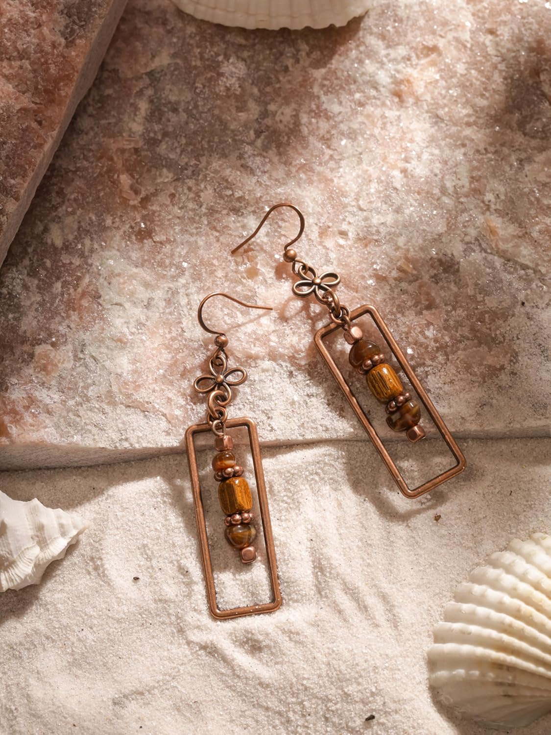 MINACHI Vintage Copper Tone Rectangle Drop Earrings, Boho Stone and Copper Bead Dangles with Flower Accent, Hippie Jewelry For Women - Image 7