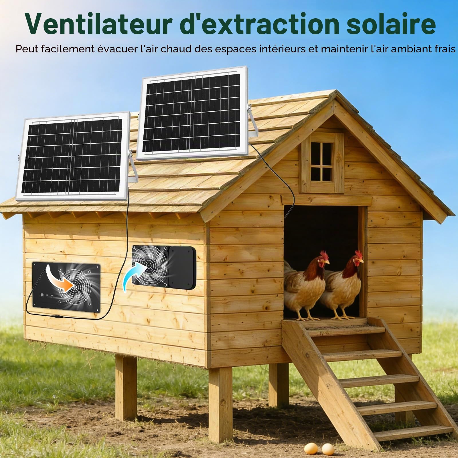 Ventilateur solaire 15000mAh 25W 3500RPM étanche silencieux pour poulailler serre
