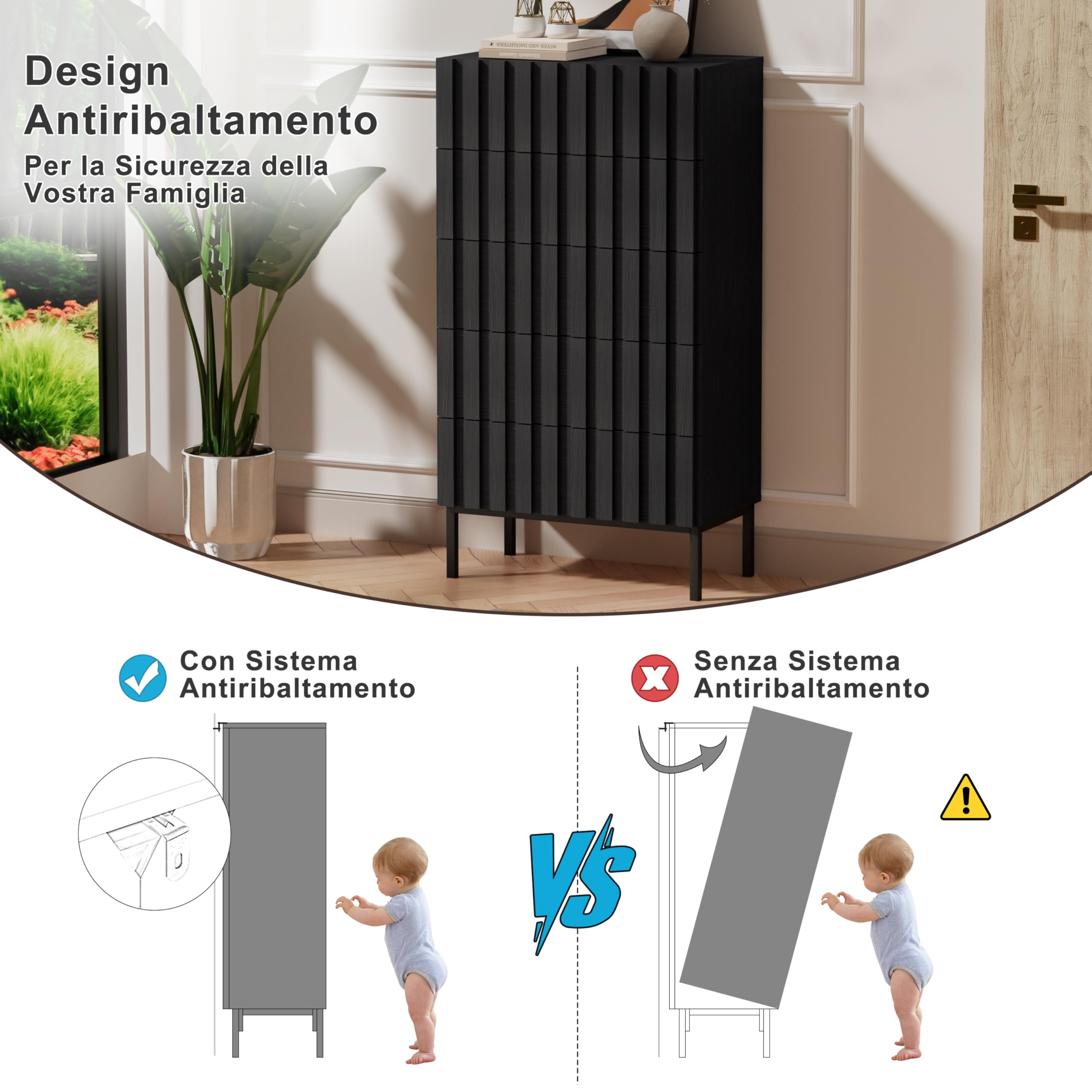 UEV Cassettiera Naturale con 5 Cassetti, Settimino Salvaspazio con Motivo a Doghe di Legno, Cassettiere Camera da Letto Solida e Stabile con Design Antiribaltamento, 60 x 34 x 110 cm, Nero