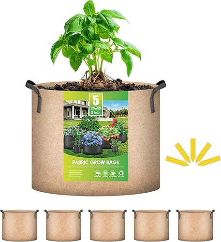 iPower - Paquete de 5 bolsasmacetas de cultivo de plantas de 5 galones, de tela de aireación gruesa no tejida, resistentes y duraderas, con asas de