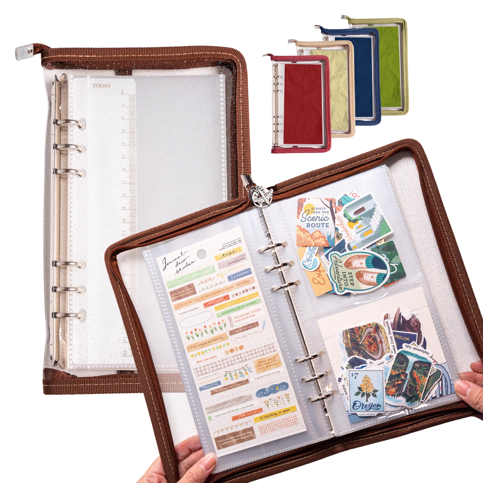 Navy Peony Wander Keeper Slim Stationery Binder (Al-Mukhā Mocha) - A5 Slim Sleeves, Curated Travel Colours, Portable Zipped Organiser - for Stickers, Photo Cards