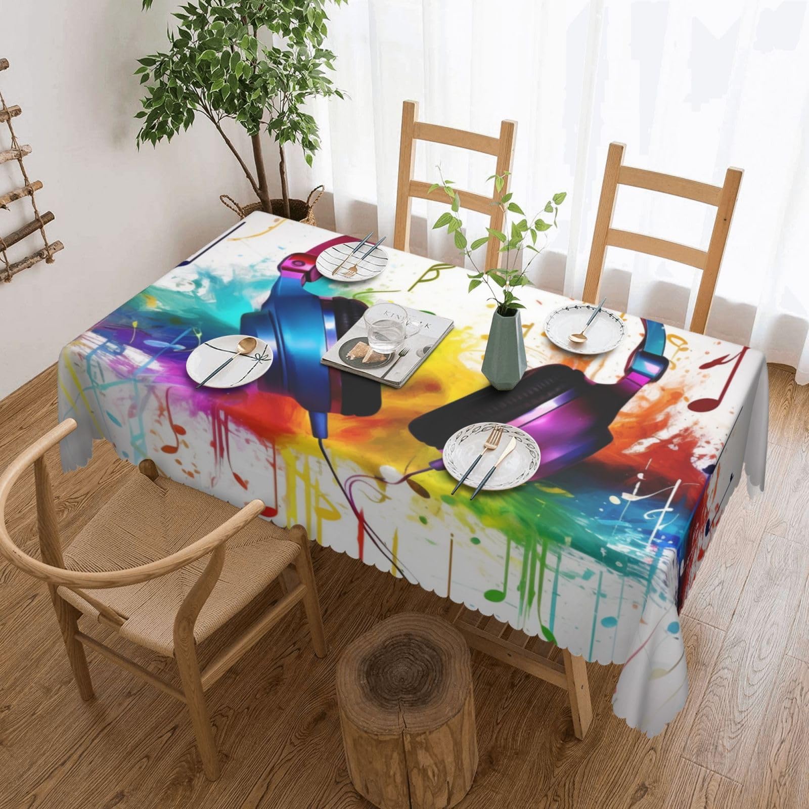 WPKJU Music Printed Rectangle Tablecloth 72x54 Inch with Lace Trim, Water-Resistant Washable Table Cover for Farmhouse Weddings, Outdoor Picnics & Holiday Dining