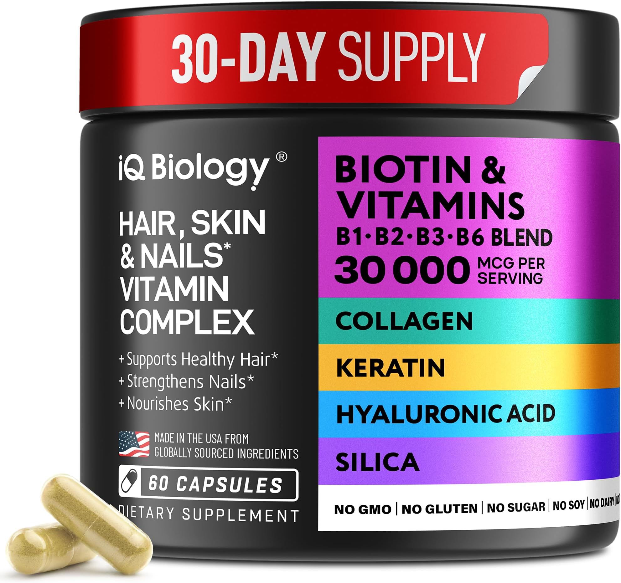 Biotin 10,000 mcg Supplement for Hair Growth with Collagen & Keratin for Hair Loss & Thinning Hair - Hair Skin and Nails Vitamins for Women & Men - Healthy Regrowth, Skin Glow & Nail Repair - 60 Caps