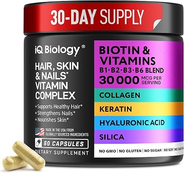 Biotin 10,000 mcg Supplement - Hair Growth Support for Women & Men - 60 pcs | Hair Skin and Nail Vitamins with Keratin, Collagen, Hyaluronic Acid & Vitamin B Complex - 30,000 mcg Hair Vitamins Complex