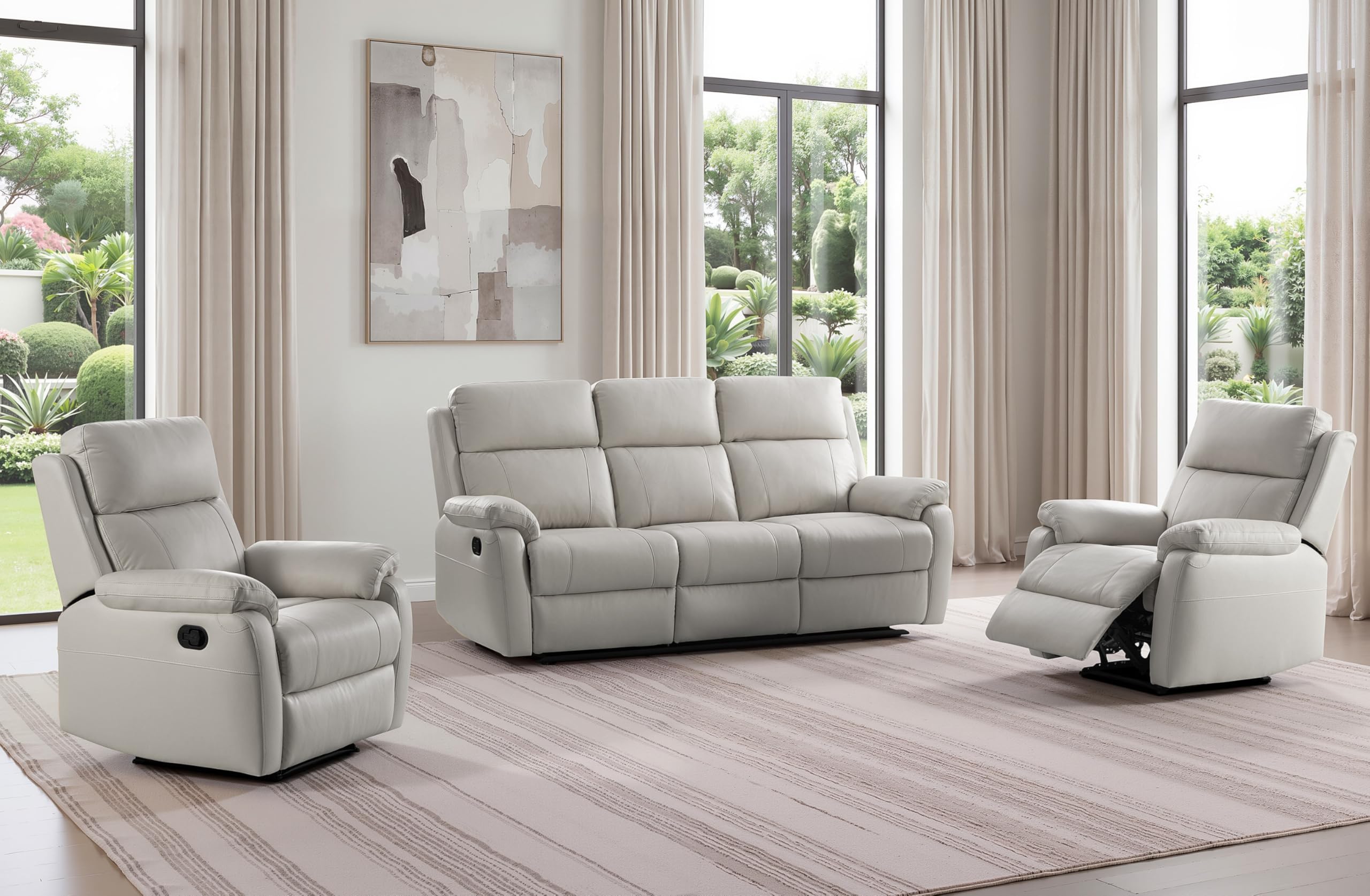 GREY High Grade Italian Leather Manual Reclining 3 Seater + 2 Armchairs Sofa Suite ABERINO