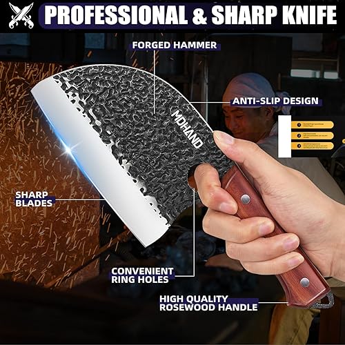 Miniatura 2 de MDHAND Juego de cuchillos de carnicero, 8 cuchillos de chef forjados a mano con caja de regalo, cuchillo de corte de carne para cocina, cuchillos