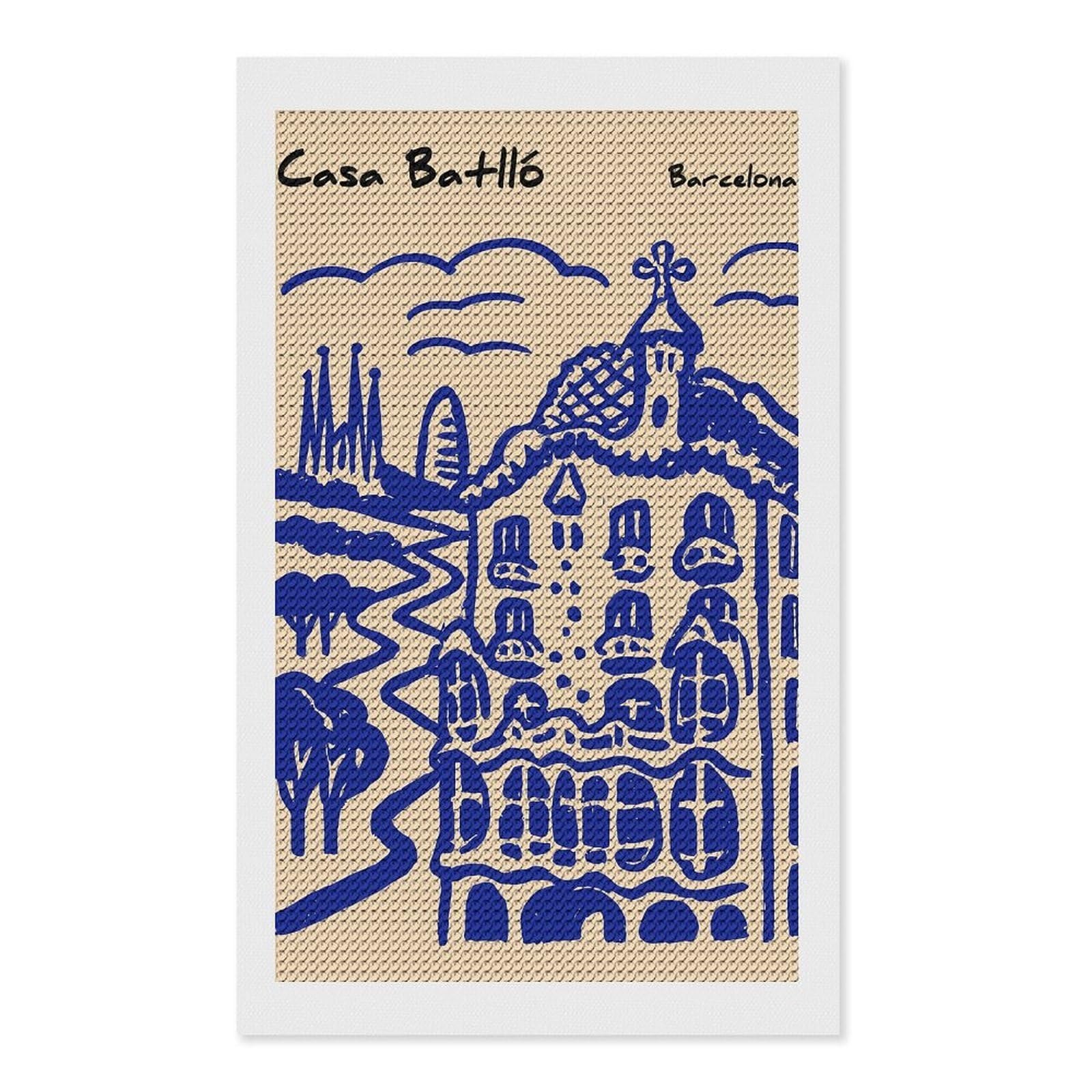 Junmoney Casa Batlló Barcelona Sketch Diamond Painting Canvas Set 12"x20", Easy to Enjoy, Adhesive Canvas, Office Decor, Holiday Gift Idea, with Tool Kit
