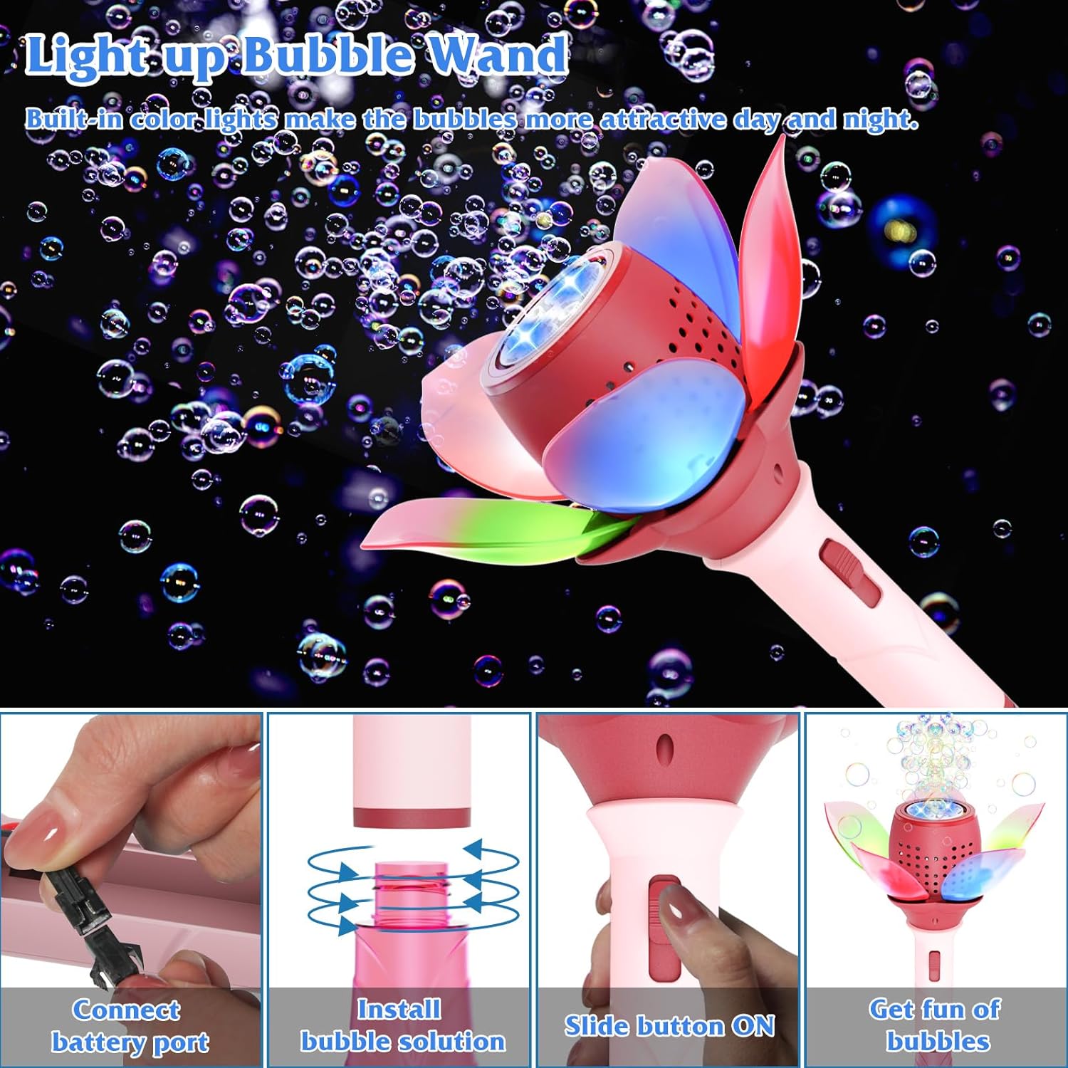 Panamalar Electric Bubble Wand for Kids, Light Up Automatic Bubble Machine Blower with Lights/10000+ Bubbles/120ml Solution, Rechargeable Flower Bubble Wand Maker Toys for Outdoor Party Wedding