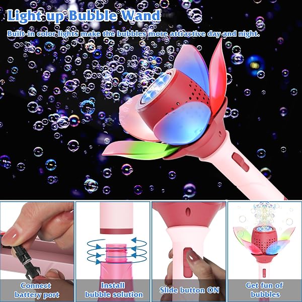 Baguette à Bulles Fleur Électrique pour Enfants, Machine à Bulles Automatique avec Lumières/Piles/120ml Solution,10000+ Bulles/Min Jouet à Bulles Portable pour Fêtes en Plein air Mariages-Rose - 4