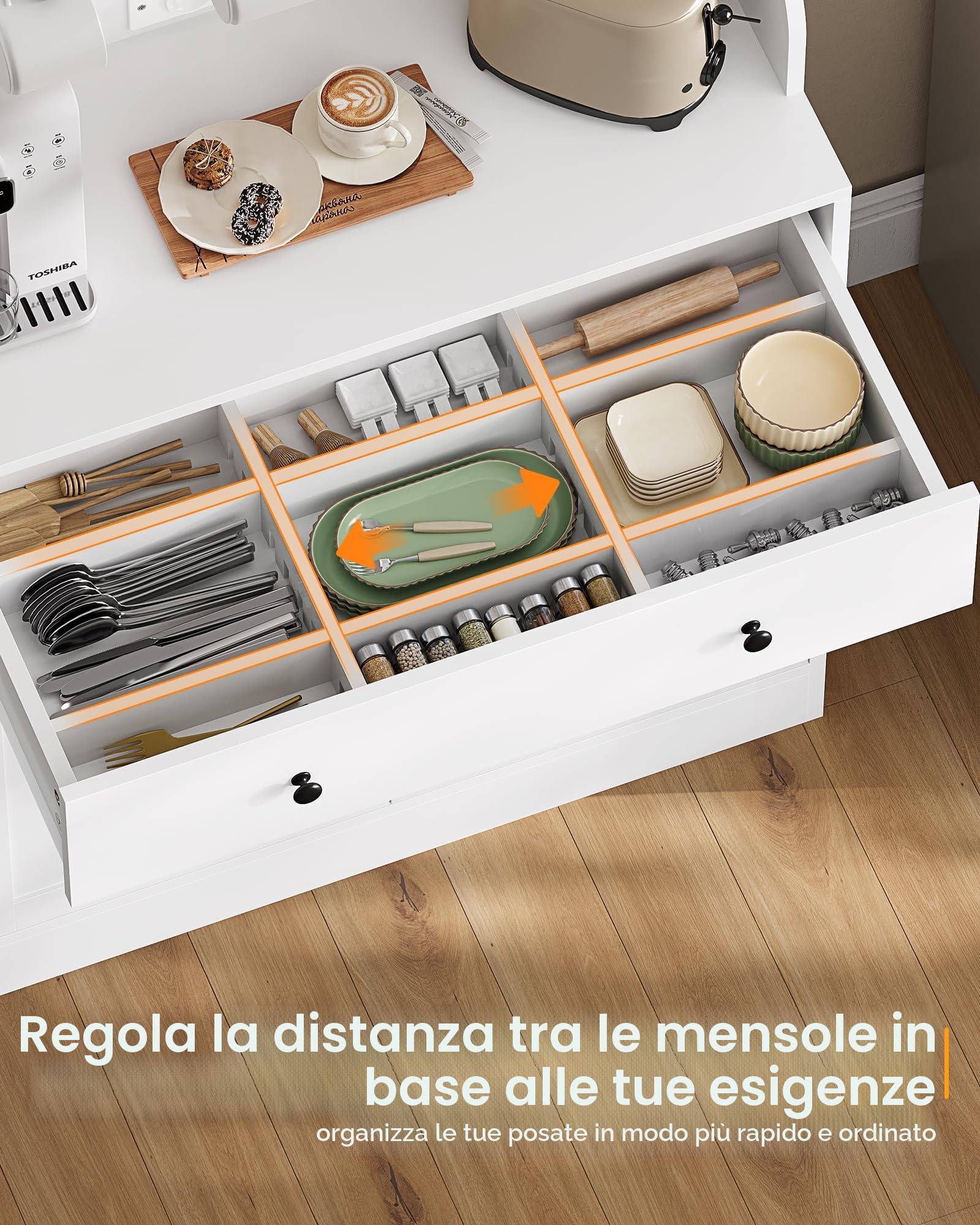 KIMENICH Credenza, Credenza Cucina con LED, Presa Elettrica, Ripiani Regolabili, Mobile Buffet con Cassetti, Armadio da cucina, Piano di Lavoro, Cucina, Sala da Pranzo, 80 * 40 * 180 cm, Bianca