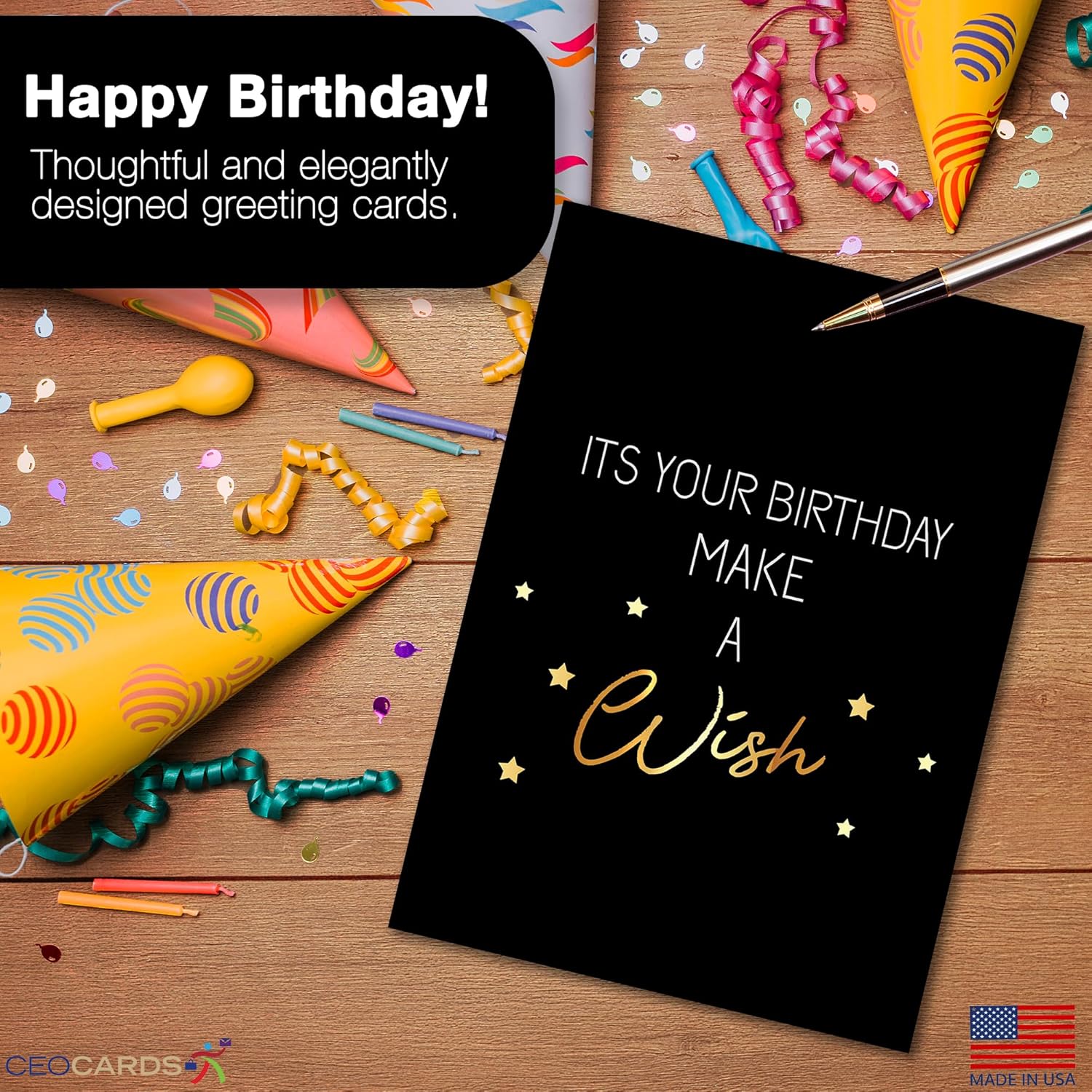 Happy Birthday Cards Bulk Greeting Card Set (Wishful) 18 Pack & White Envelopes - 5x7 Inch Birthday Theme for Family, Women, Men, Coworkers & Office (B2405)