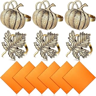 12 Pieces Thanksgiving Fall Napkin Rings Set, Include 6 Pieces Pumpkin Maple Leaf Napkin Rings with 6 Pieces Solid Color D...
