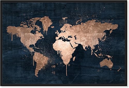 The Oliver Gal Artist Co. Mapas y banderas - Lienzo decorativo enmarcado para pared, diseño de mapamundi Copper, mapas del mundo Marco negro,Marco