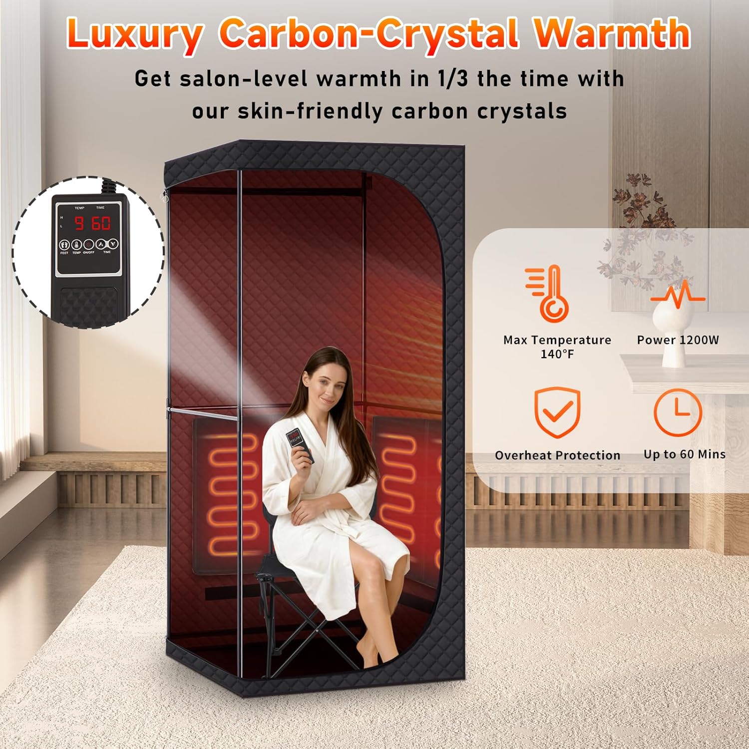 Far Infrared Sauna Box, Portable Dry Sauna with Red Light Therapy for Detoxification, Relaxation, Carbon Crystal Heating,9 Levels, 5.9'×2.9'×2.6' - Image 5