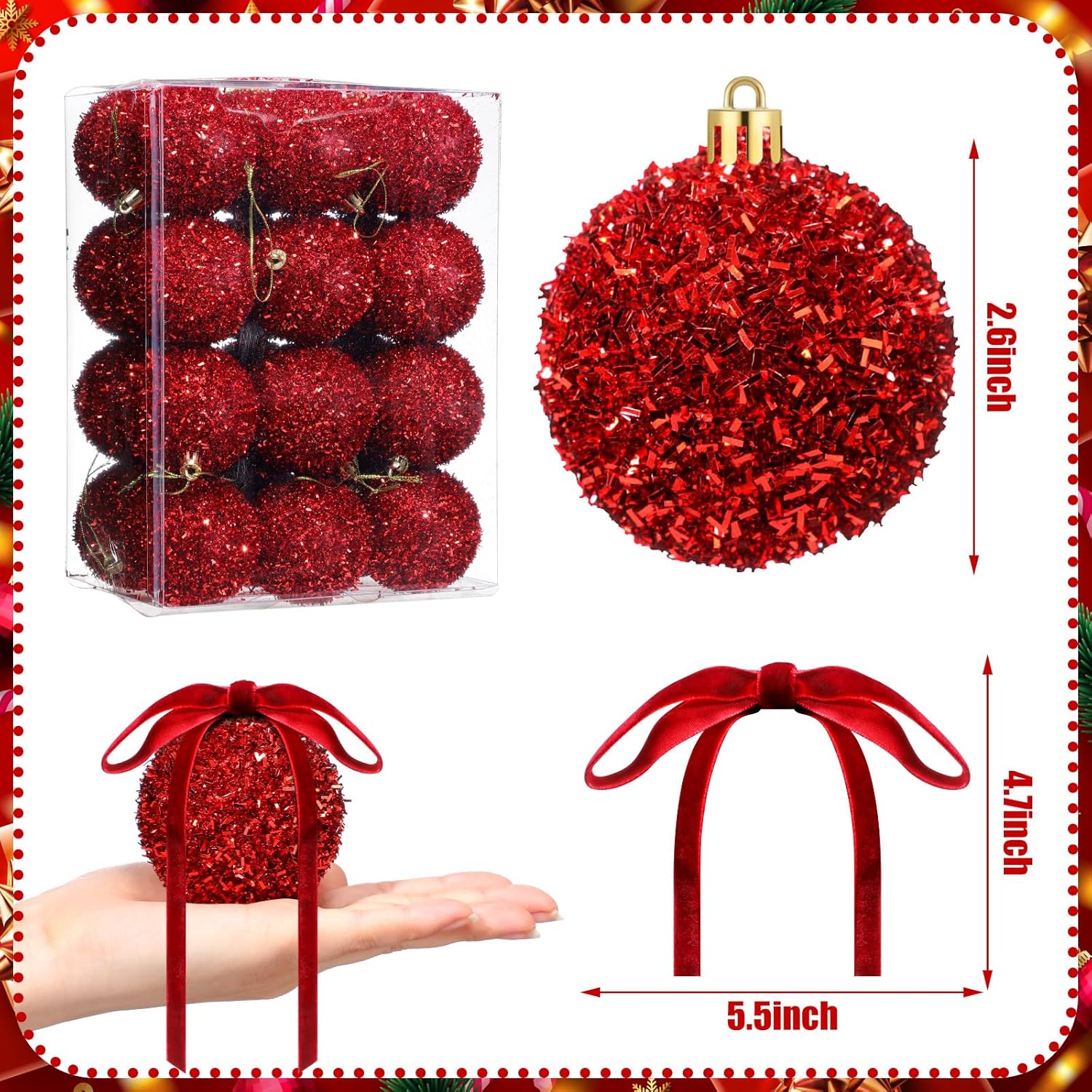 Wesiti 24 Sets 2.6 Inch Red Glitter Christmas Ball Ornament Set 24 Sparkly Shatterproof Tinsel Ball Ornament with 24 Bow Sequin Hanging Xmas Tree Decoration Indoor Outdoor for Xmas Wedding Decor