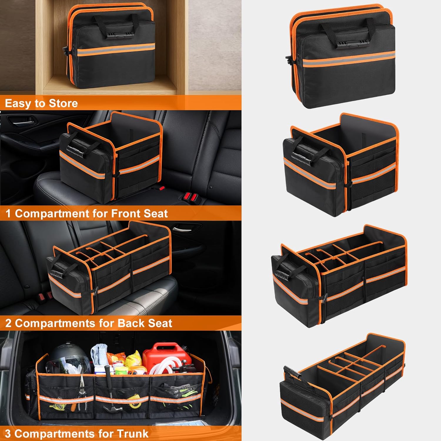 95L Car Trunk Organizer with Removable Cooler Bag, Collapsible Trunk Storage Organizer with Removable Lid - Multi Compartment Waterproof Storage Organization, Fits Most Car, Truck, Orange
