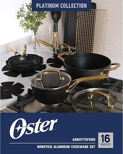 Miniatura 2 de Oster Platinum Abbottsford - Juego de utensilios de cocina de inducción antiadherentes de cerámica sin PFA, 16 piezas, color negro con dorado