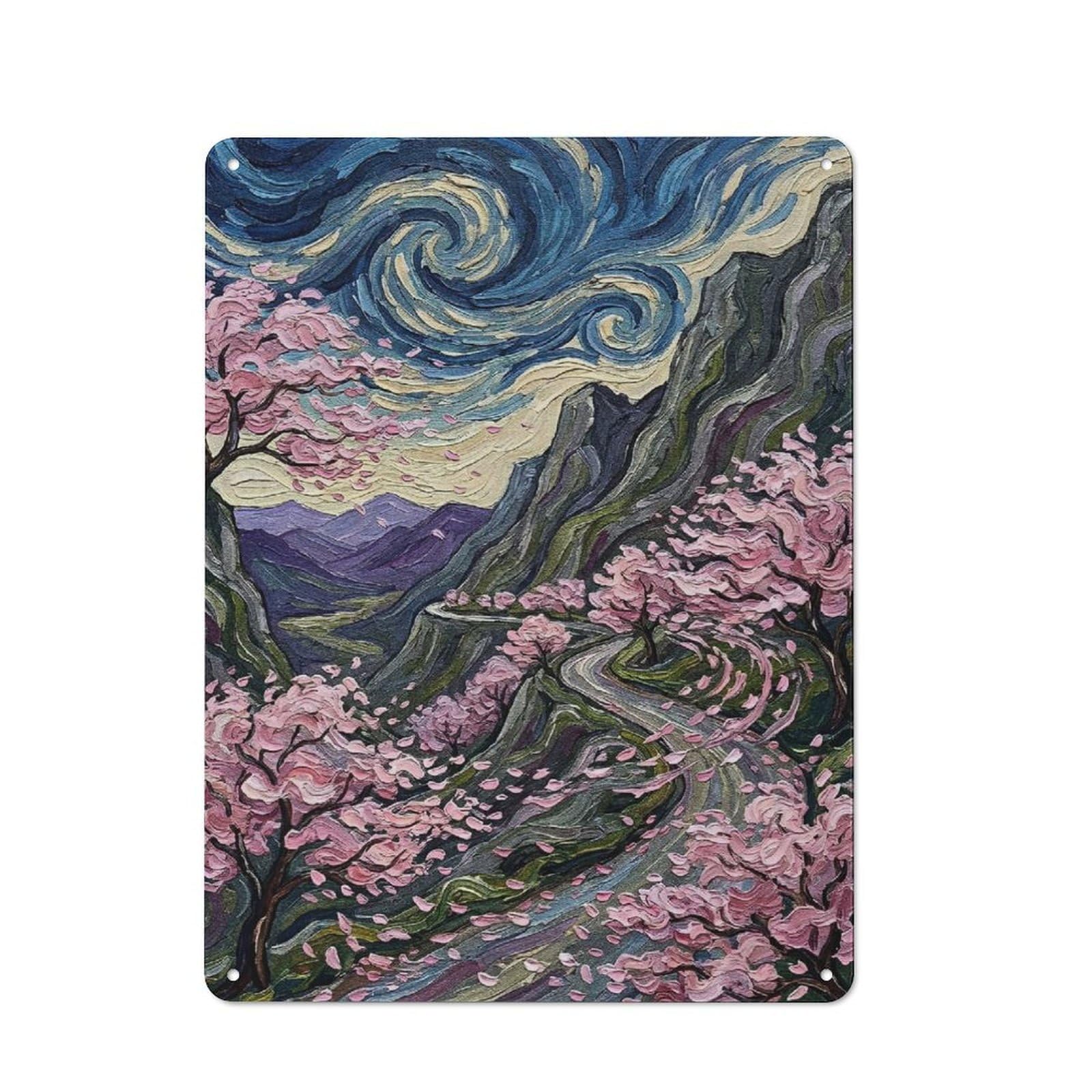 Cherry Blossoms on A Winding Mountain Road Warehouse Style Metal Wall Decor 40x30cm, Metal Wall Sign for Workspace, Cafe, Hallway Or Garage