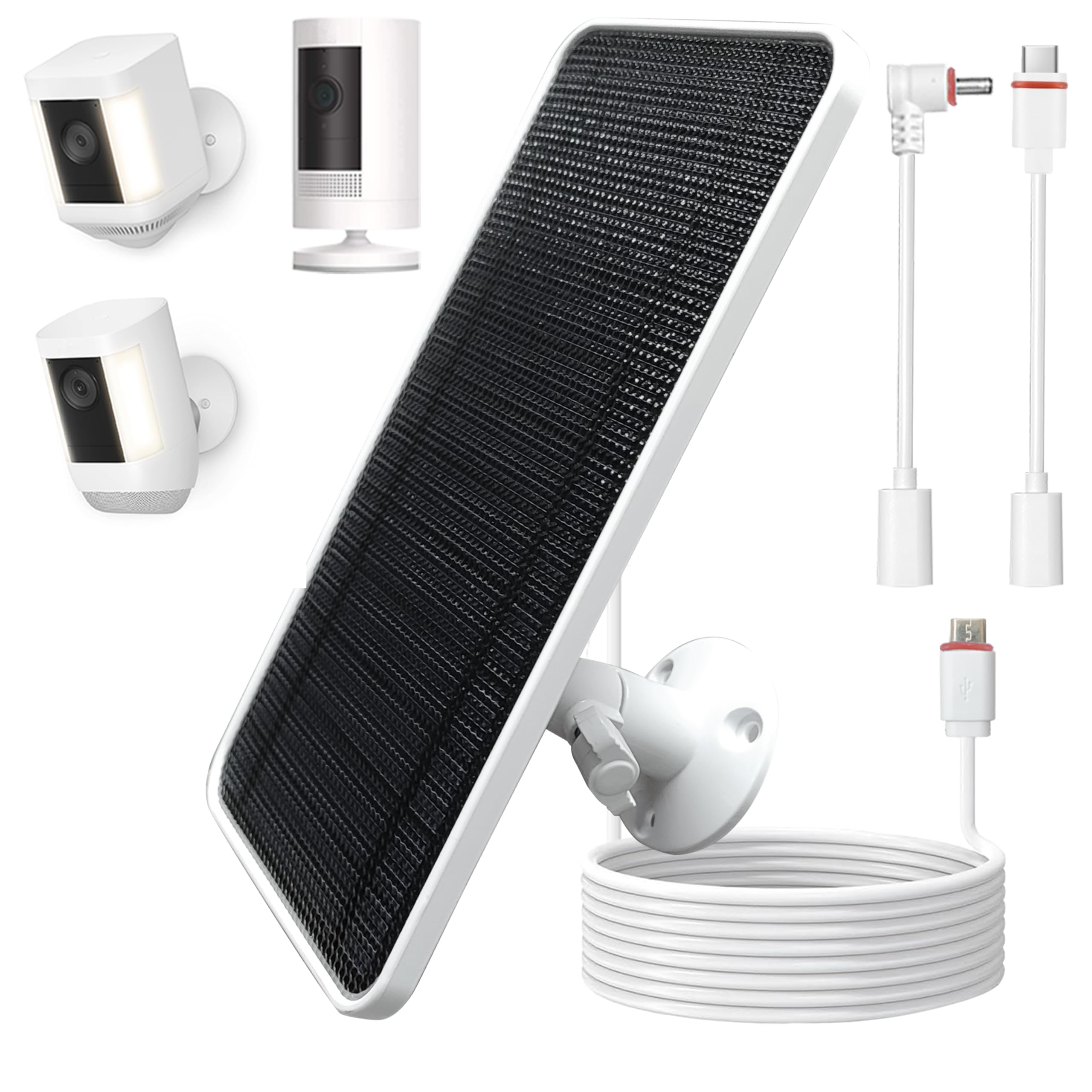 AYF Pannello solare compatibile con Ring Spotlight Cam, Stick Up Cam & Outdoor Cam Batteria, Caricatore resistente alle intemperie con cavo da 4,5 m, montaggio sicuro, 2 cavi (da micro USB a Type-C e