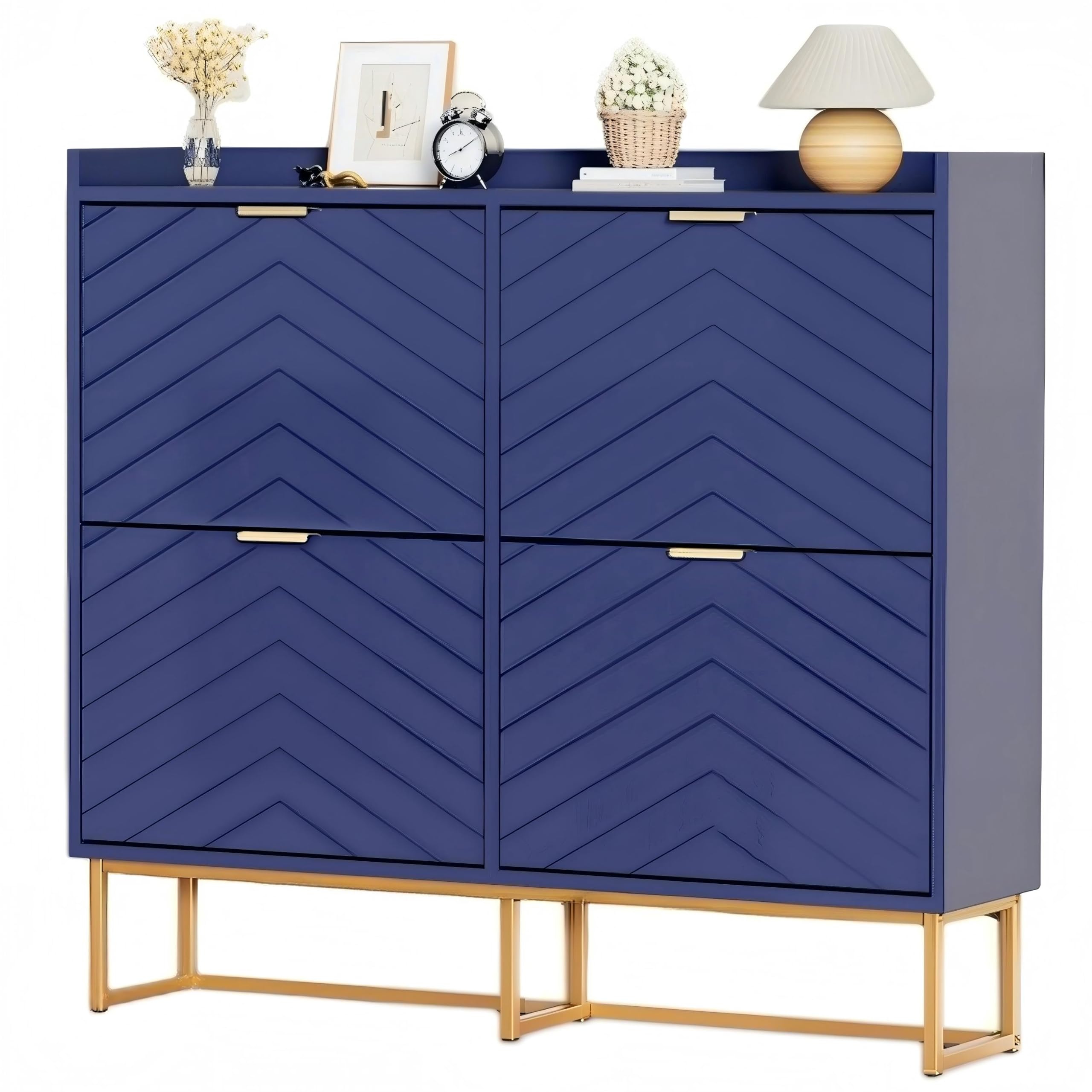 UEV Schuhschrank mit 4 Klappen,100x24x103,5cm,Schuhkipper Schmal,Schuhkommode Flur Wohnzimmer Eingangsbereich,Schuhaufbewahrung mit Kippschutz,Trennwände verstellbar für Verschiedene Schuhtypen blau Küche, Haushalt & Wohnen