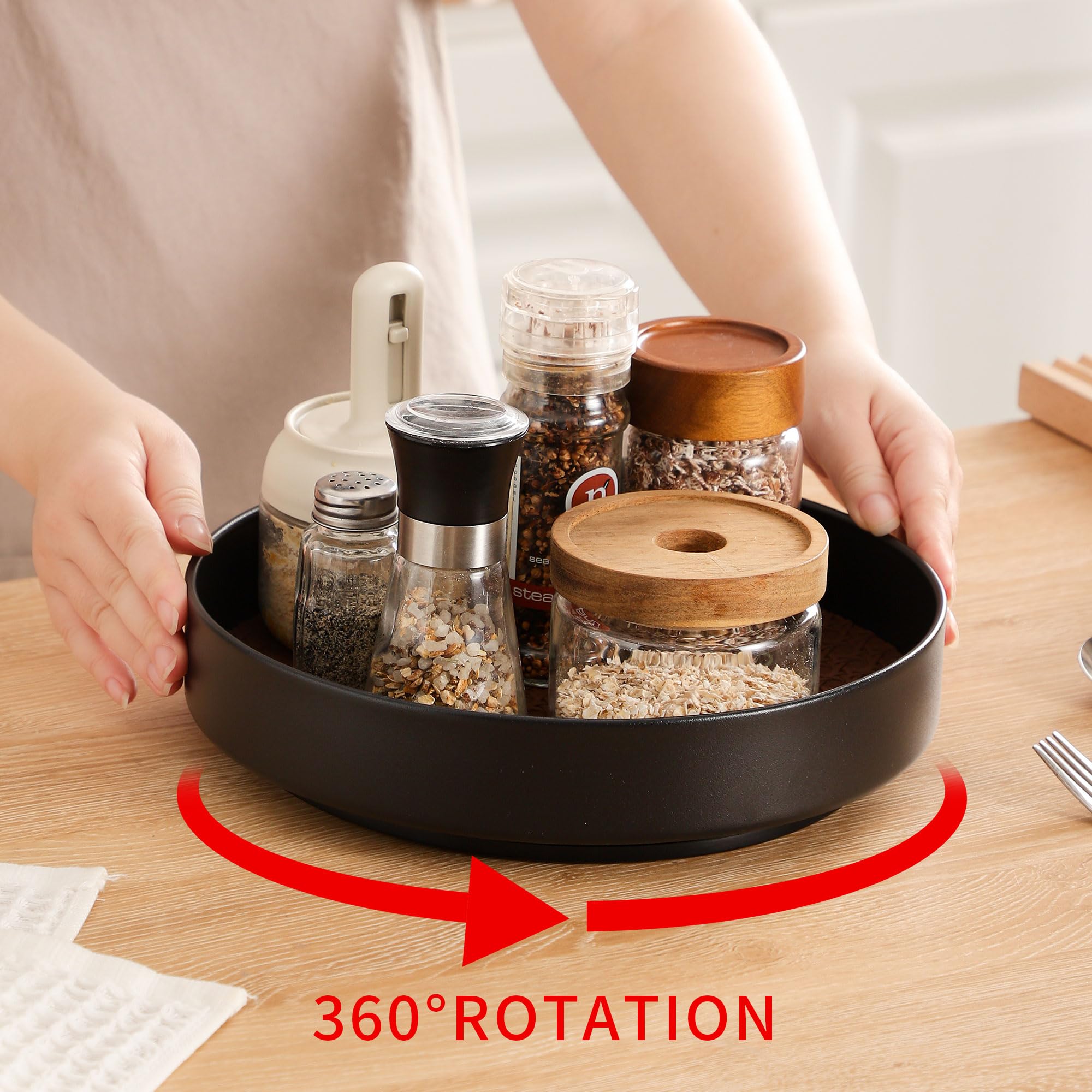 Plateau tournant Lazy Susan antidérapant, pivotant à 360 degrés, noir avec surface texturée (noir, 25,4 cm + 30,5 cm)