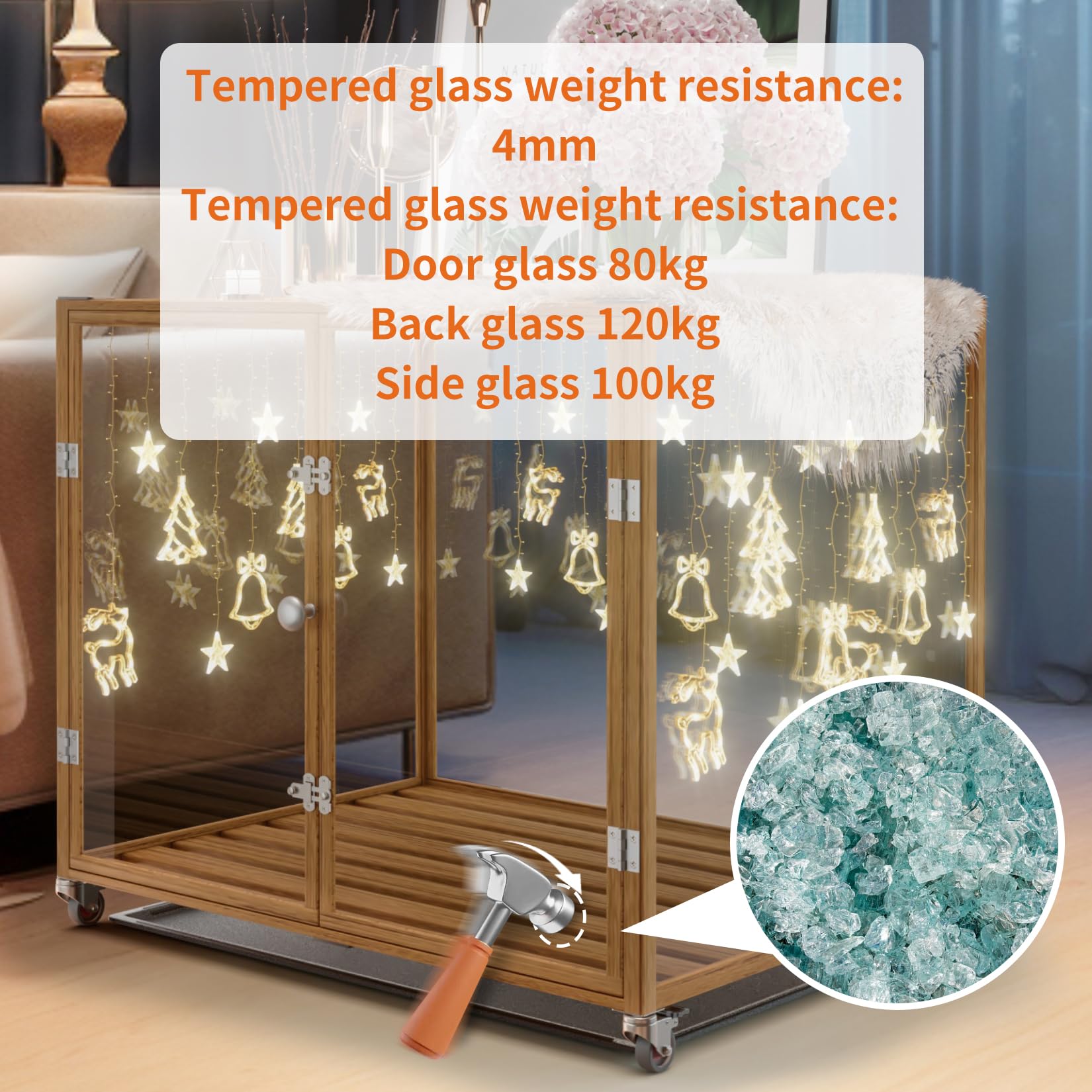 Meuble Cage Chien Intérieur Transparent: 76x58.5x66.5cm Caisse pour Petit Chien en Verre Trempé avec Cadre en Alliage d'Aluminium sur Roulette - Cages Chiens avec 3 Porte et Plateau Amovible
