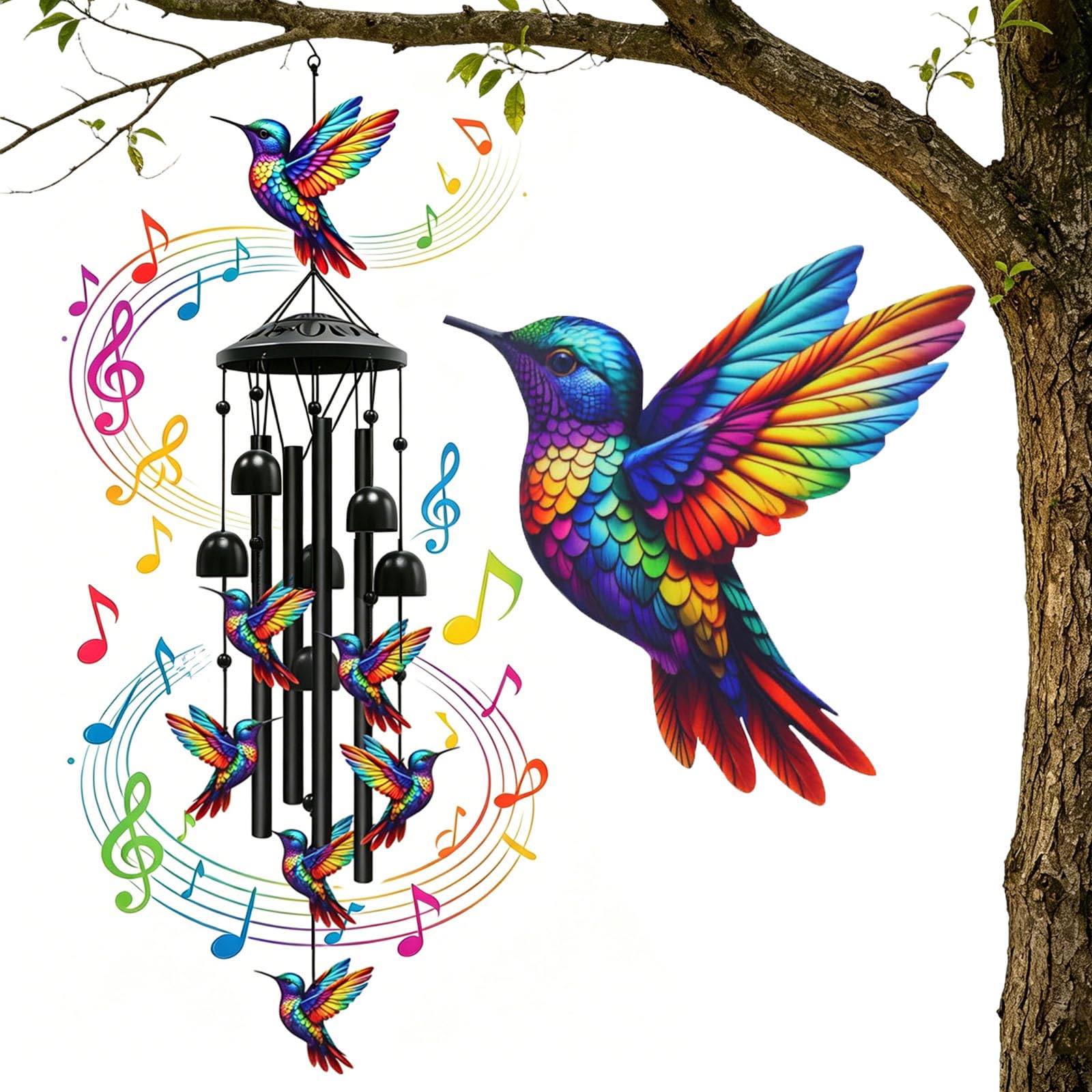 Vintage Colorful Hummingbird Wind Chime With Metal Tubes And Bells, Graceful Hummingbird Wind Chimes, Garden Patio Yard Porch Hanging Decor Gifts For Nature Lovers, Gardeners (Hummingbird)