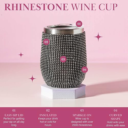 Miniatura 3 de Paris Hilton Diamond Bling - Vaso de vino de acero inoxidable aislado al vacío con tapa fácil de beber, deslumbrante con más de 2500 diamantes de