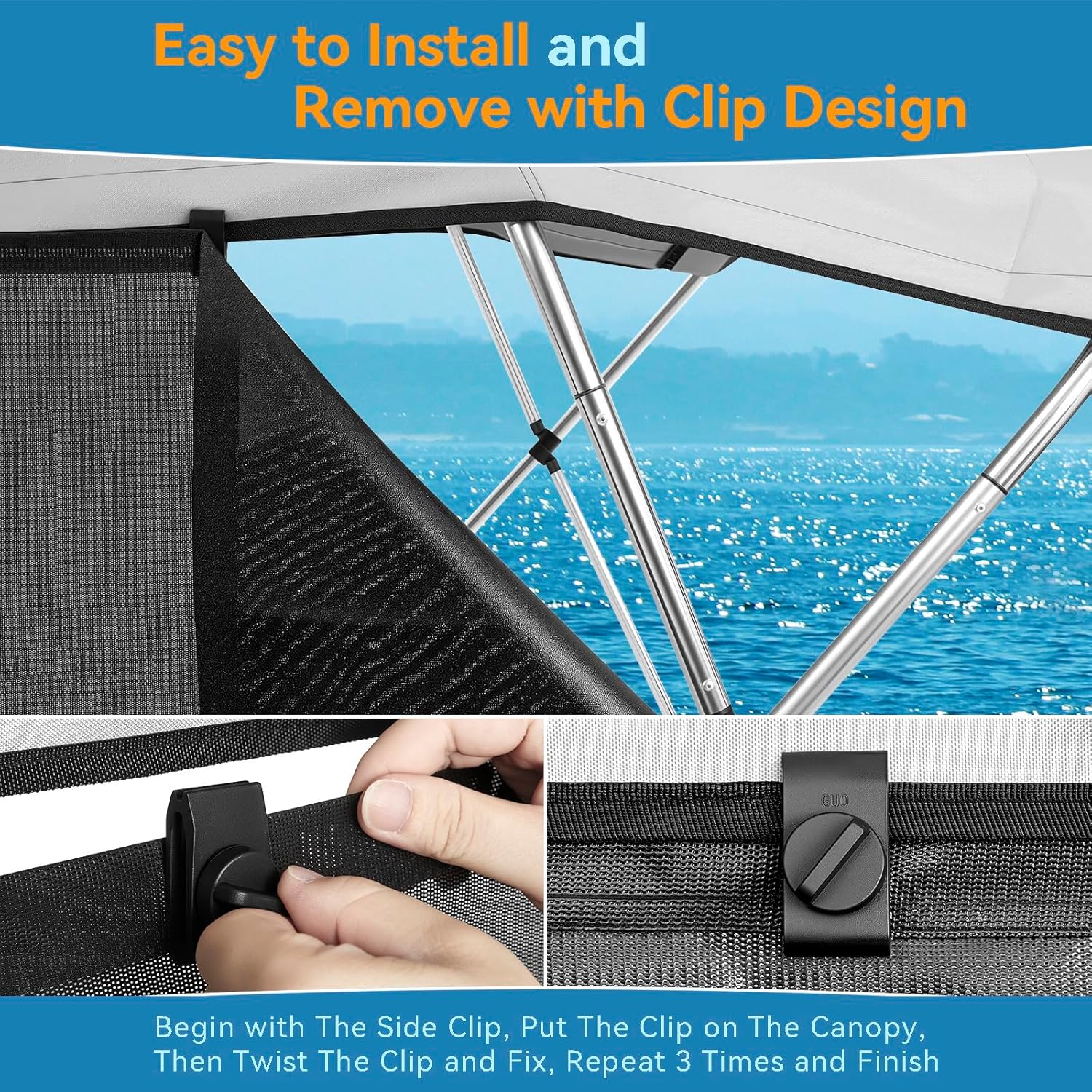 Detachable Clip in Bimini Top Mesh Sidewalls, Boat Sun Shade Universal Fit for 4 Bow Bimini Tops, with Straps Clips (Bimini Tops Not Included)
