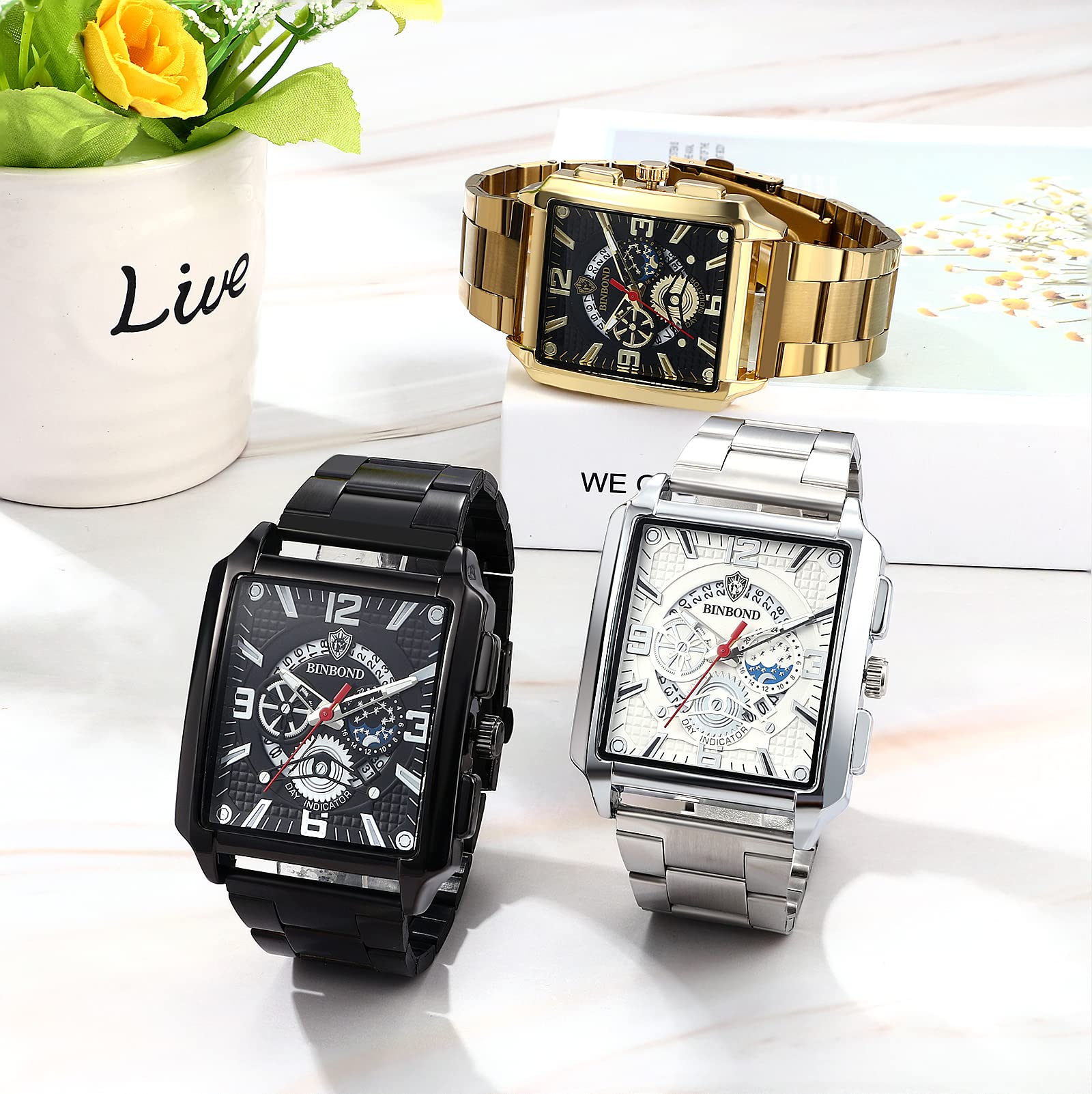 JewelryWe Zegarki dla mężczyzn kwadratowe analogowe szkielet lumous kwarcowy kalendarz zegarek polerowana stal nierdzewna biznesowe codzienne zegarki na rękę, 3 szt.