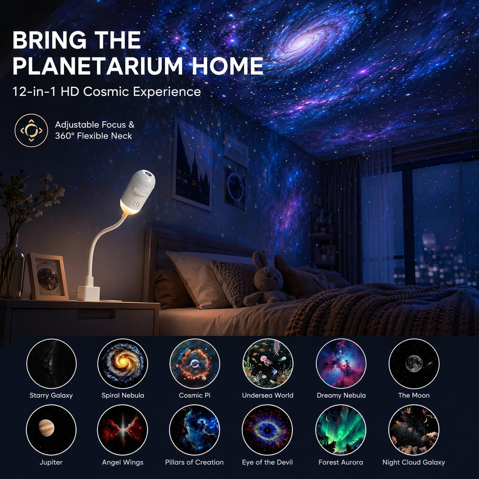 Pipihome Galaxy Projector Night Light, 12 in 1 Sternenhimmel Projektor | Projektor Sternenhimmel für Schlafzimmer Deko, Nachtlicht Sternenhimmel Galaxy Projektor Geschenke für Kinder Erwachsene