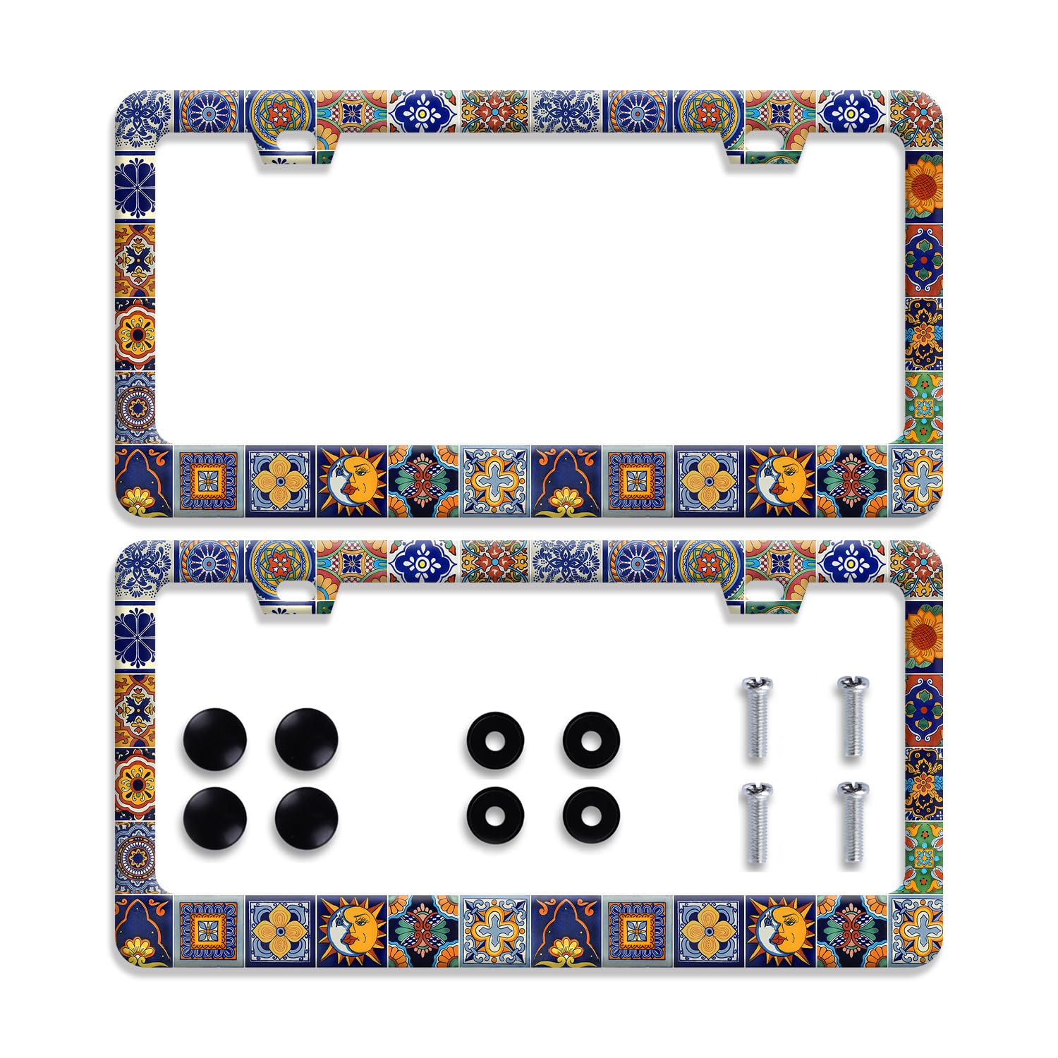 【2 sztuki】 Meksykańskie płytki ramki tablicy rejestracyjnej Mandala Boho ramka tablicy rejestracyjnej samochodowe uniwersalne akcesoria aluminiowe dekoracja samochodów z 2 otworami i śrubami pasuje do