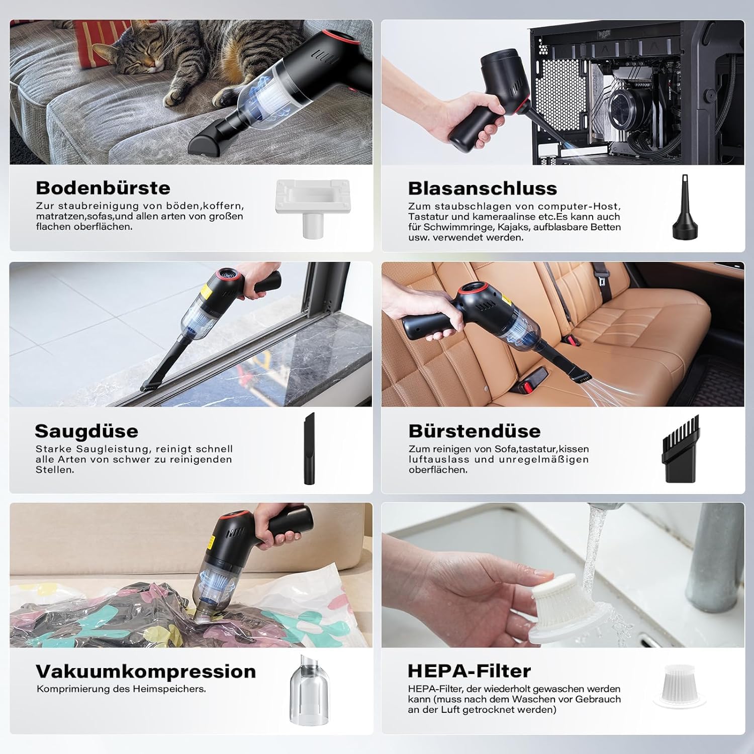 APPS2Car Handstaubsauger Kabellos – 15000PA Stark, Faltbar Mit Digitalanzeige, Perfekt Für Auto & Haushalt