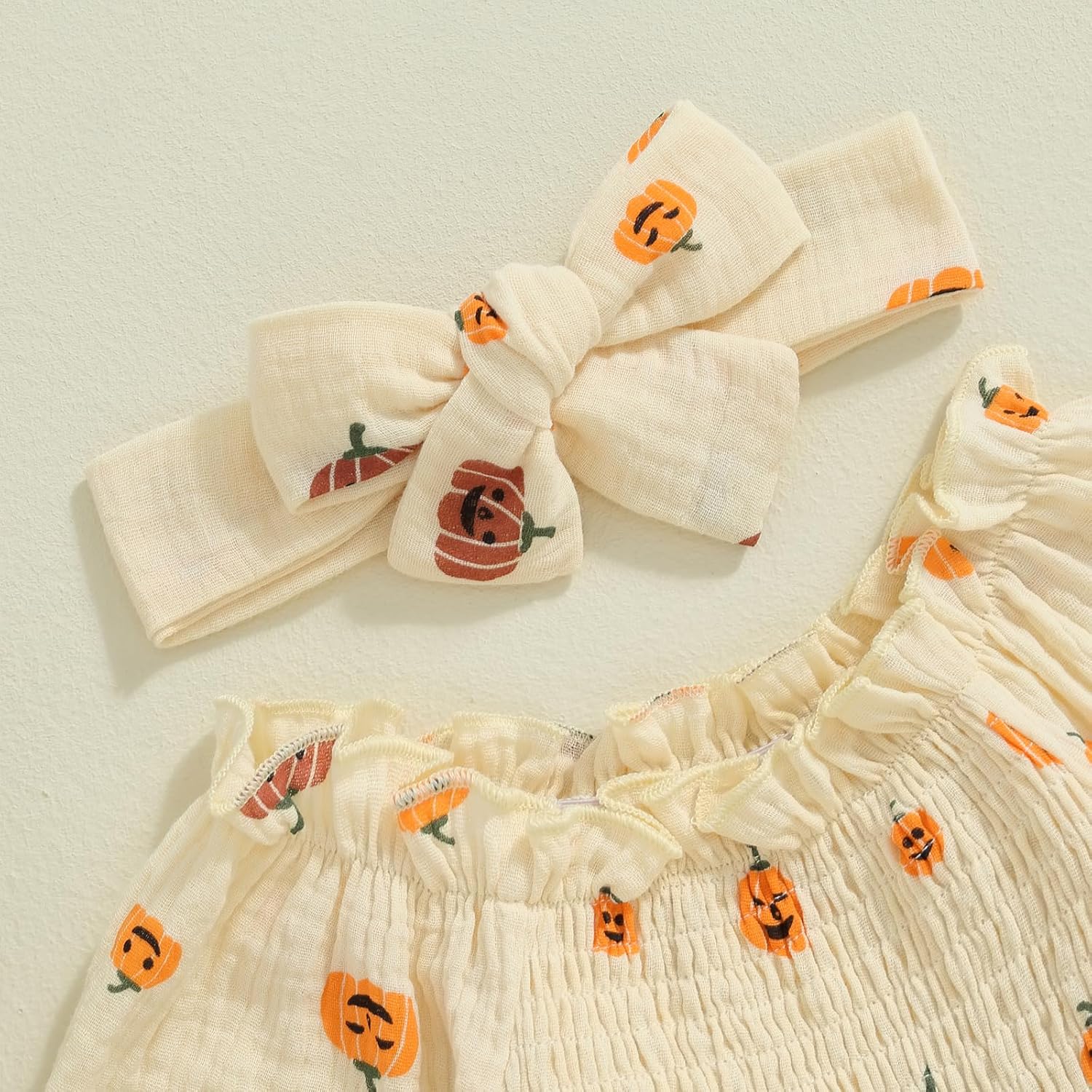 Kayotuas Baby Girl Halloween Outfit Newborn Pumpkin Bubble Romper Dress Long Sleeve Smocked Bodysuit & Headband Fall Clothes - Image 5