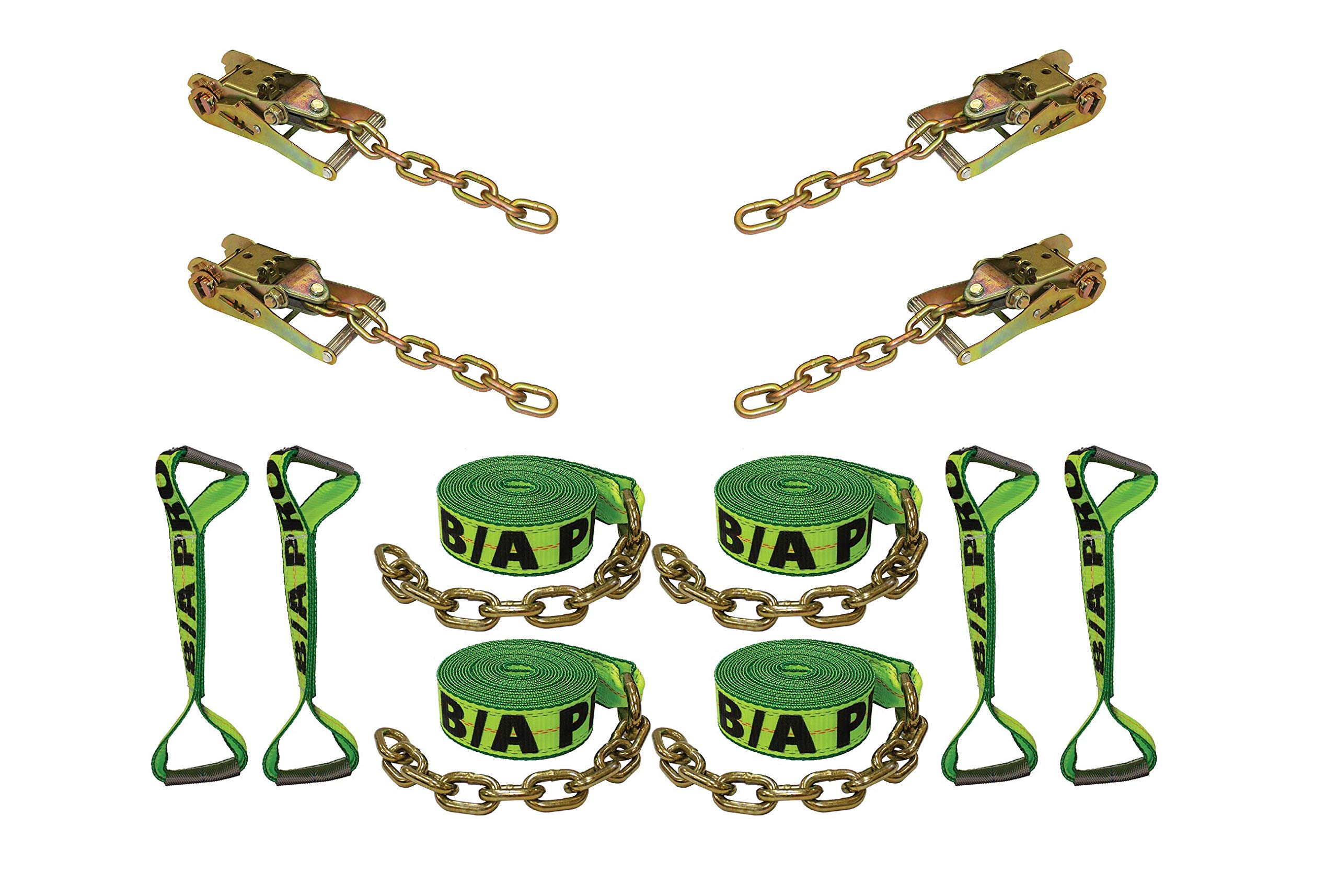 New Hi-Visibility BA Products HV38-200C 8 Point Tie Down System with Chains on Ratchets and Straps for Rollback Reflective Thread