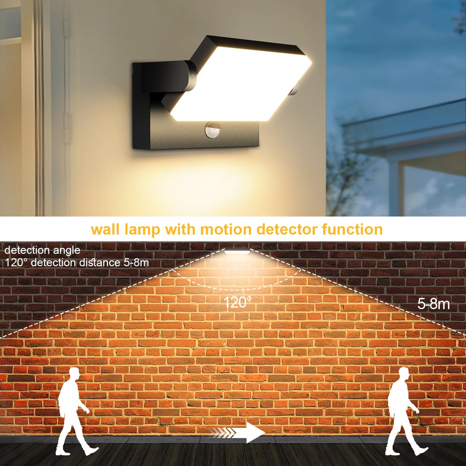 Kingwen Applique Murale LED Exterieure 40 W, Détecteur, 3000 K, IP65 | 3000 lm, détection 120° jusqu’à 5–8 m, panneau orientable à 360°, aluminium noir, classe E, pour entrée et garage