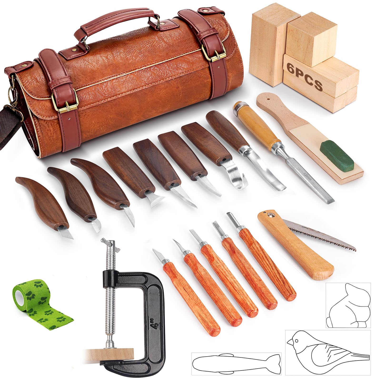 Holzschnitzwerkzeuge，27-teiliges Holzschnitzmesser-Set，Holzschnitzmesser-Werkzeugset für Anfänger mit PU-Ledertasche, feines Holzschnitzset für Heimwerker-Bildhauer und Holzbearbeitungsexperten