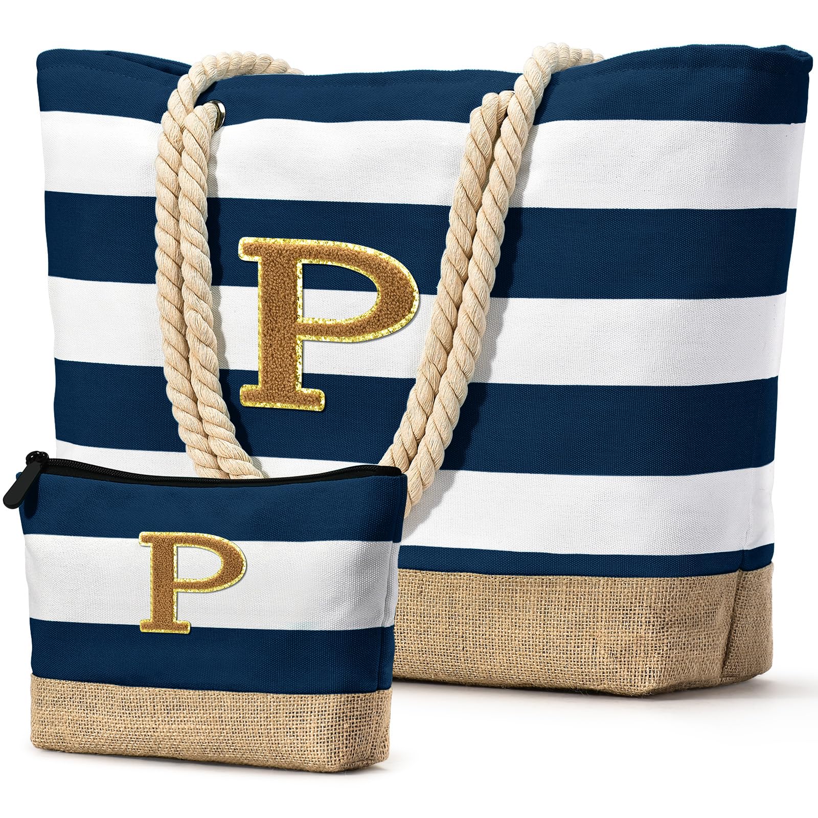 Becokan Beach Bag Initial Beach Tote with Makeup Bag for Travel Work Storage Personalized Birthday Gifts for Women Her