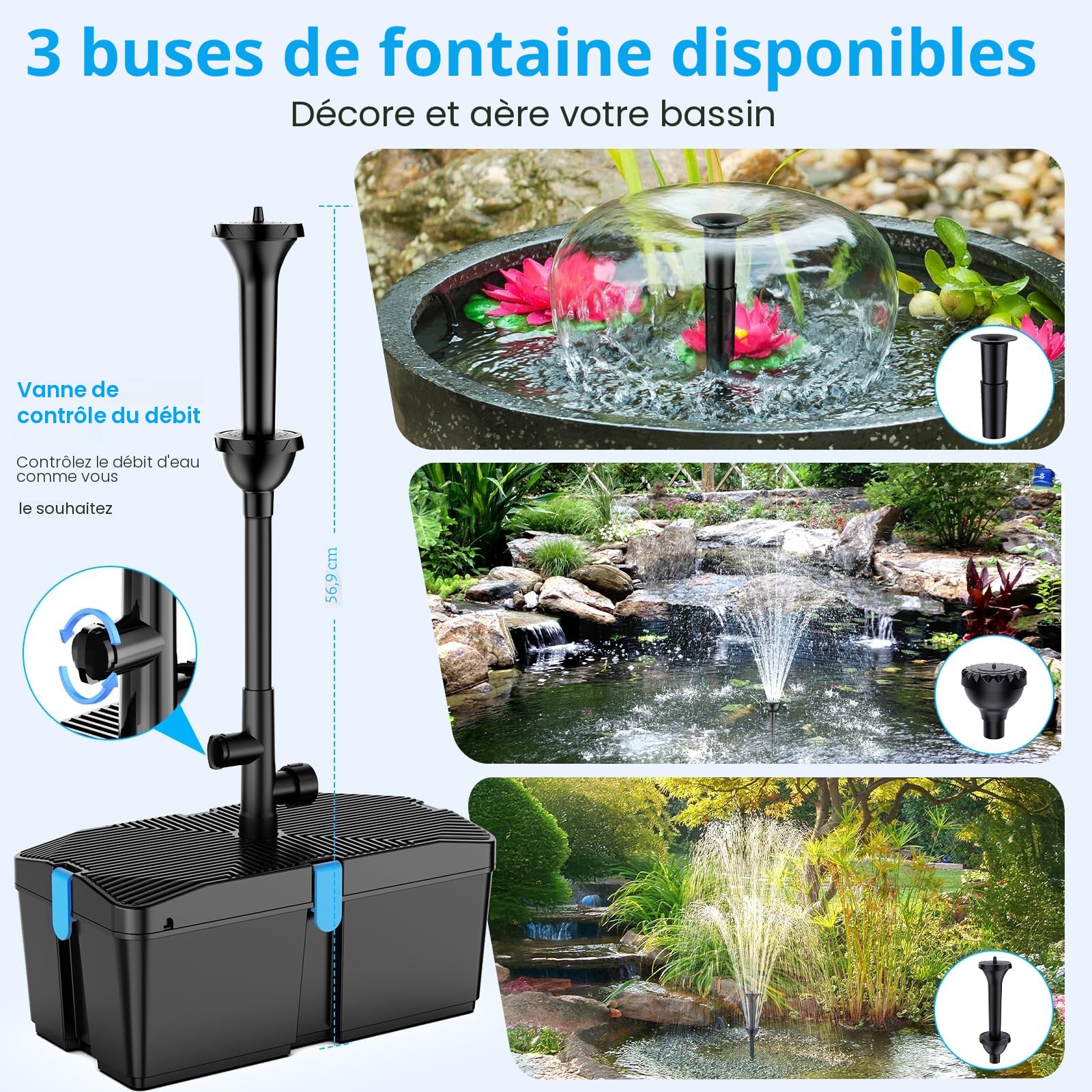 Pompe de bassin avec filtre et kit fontaine, 60W 3100L/H, filtre pour bassins extérieurs, propre pour koï