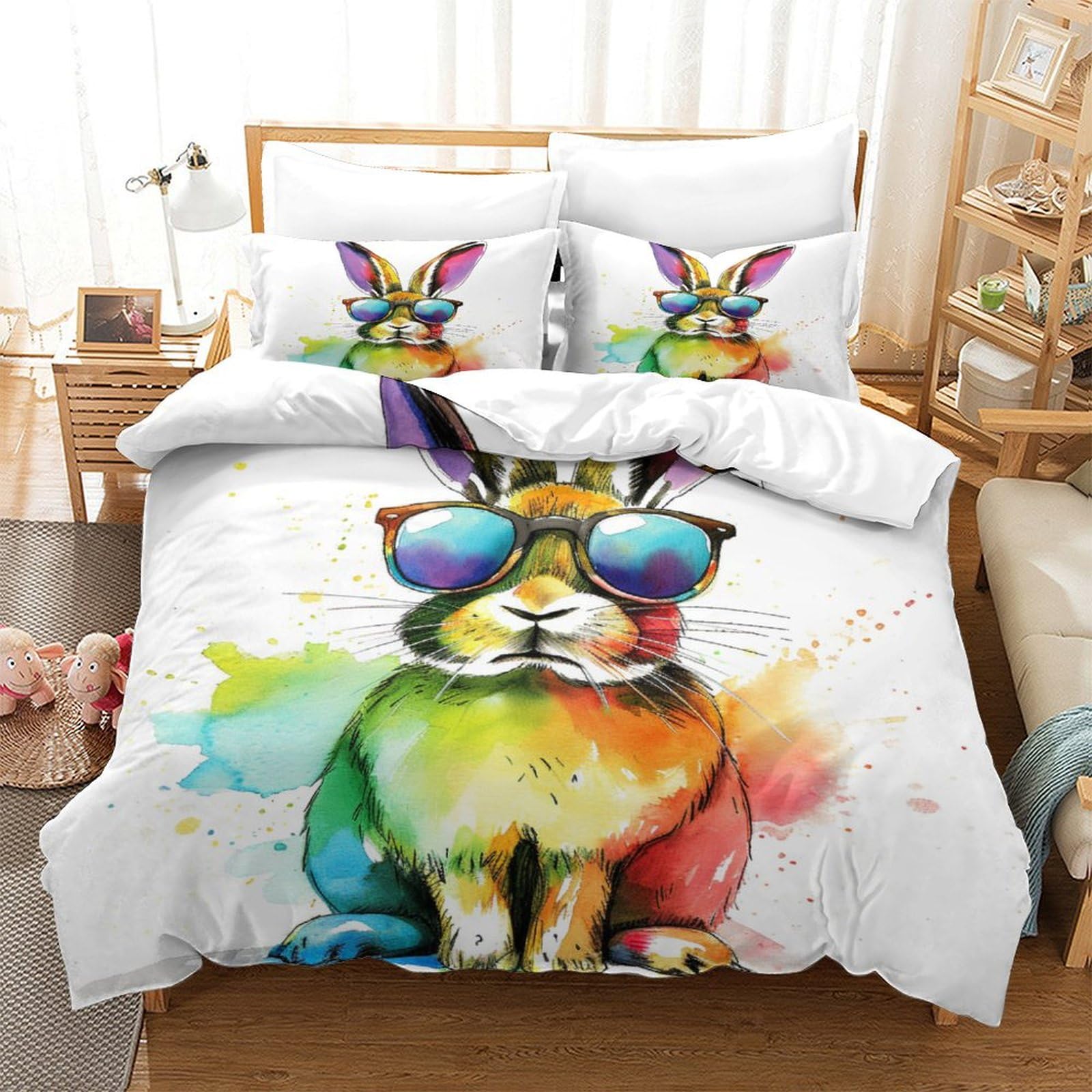 Stampato in 3D Coniglietto carino Copertina Stampata Microfibra Disegnata Set Di Biancheria Da Letto Cura Facile Con 2 Federe,Double（200x200cm）, Per Ragazzi Adulti