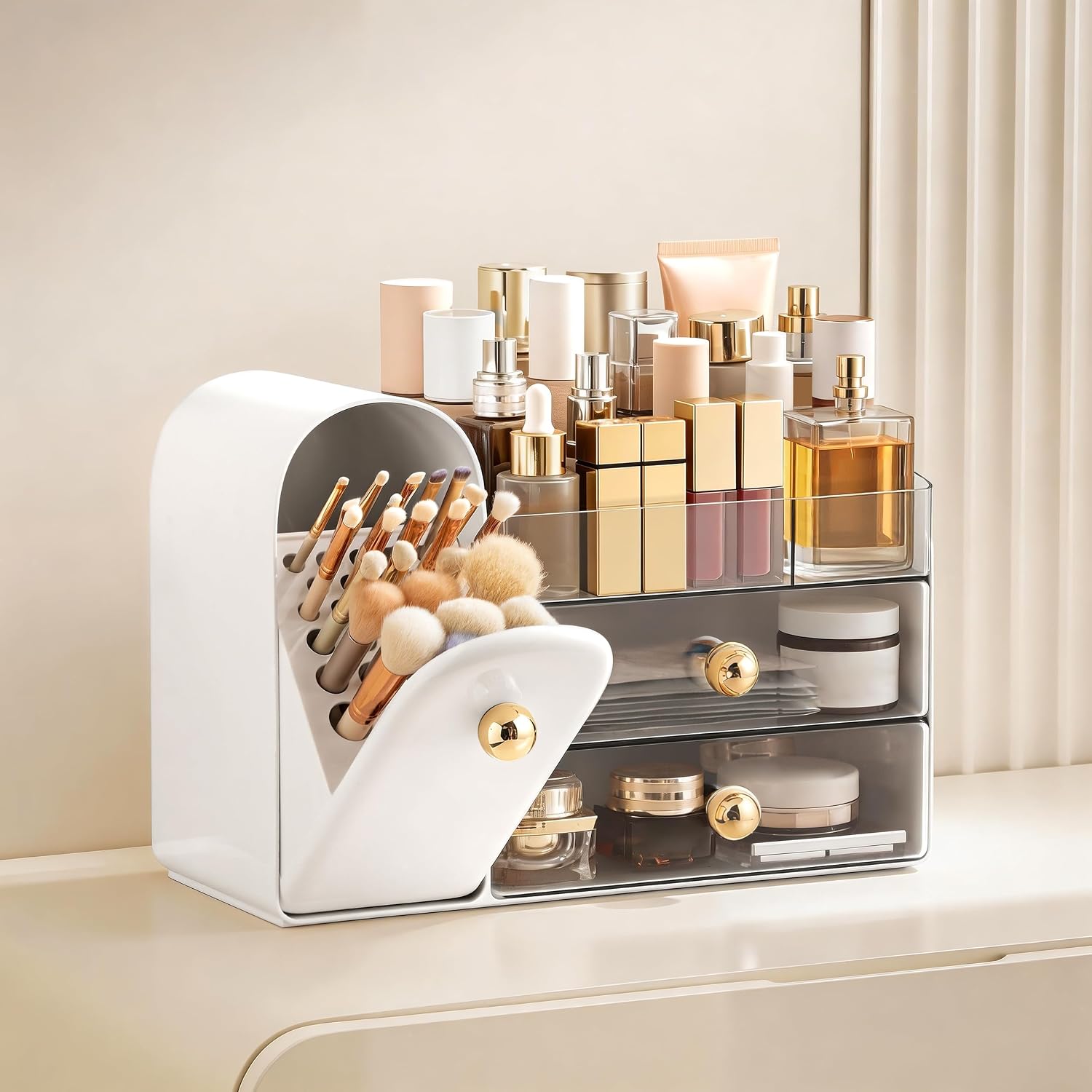 HBlife Makeup Organizer Countertop with Drawers, Vanity Organizers with Brush Holder, Bathroom Counter Organizer for Perfume, Nail Polishes, Lipsticks, Skincare and Eyeshadow Palettes, White and Clear image 2