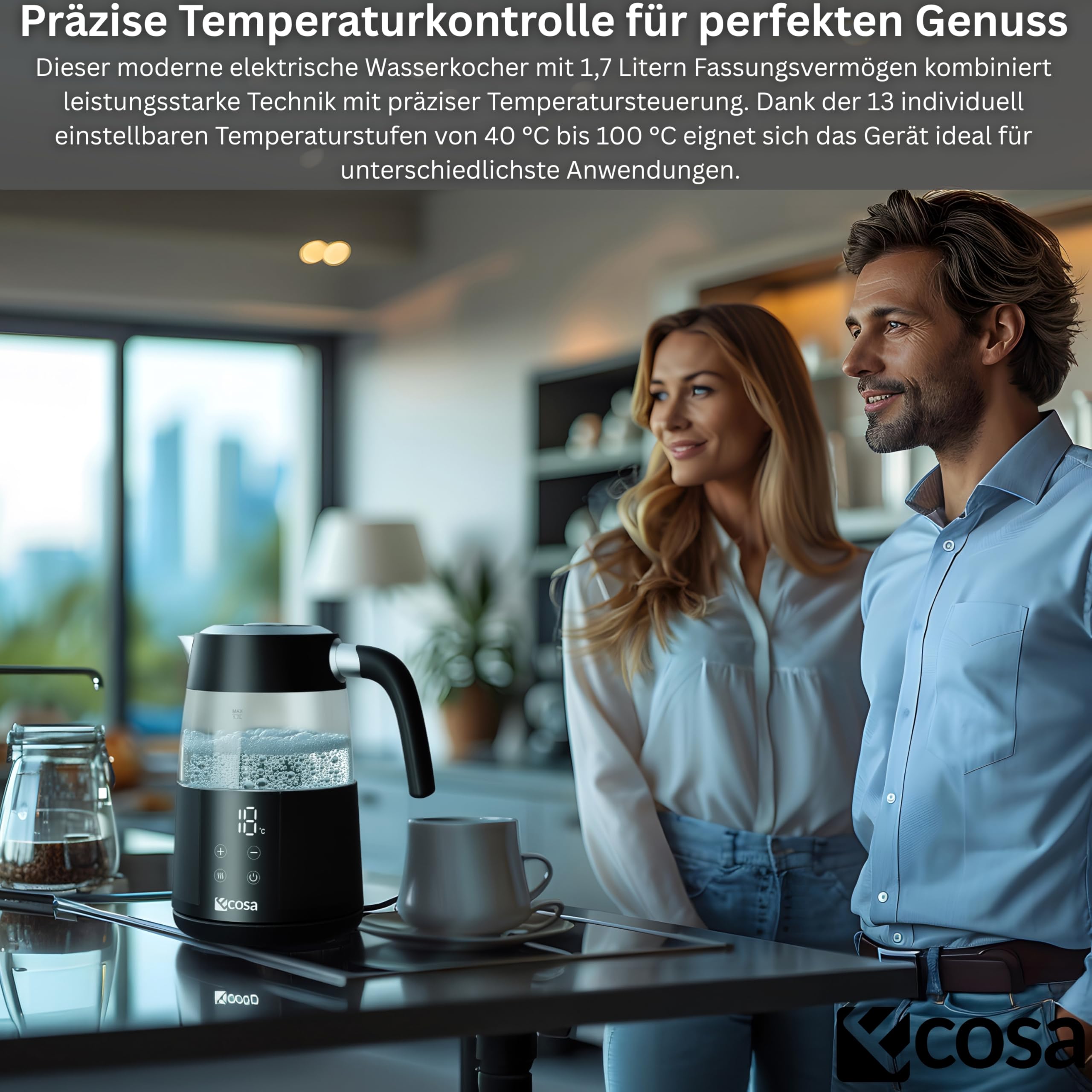 Ecosa® Czajnik elektryczny z regulacją temperatury, szkło, stal nierdzewna, 2200 W, 1,7 litra, bez BPA, z wyborem temperatury 40°C - 100°C, funkcja utrzymania ciepła, cyfrowy czujnik, ekran dotykowy