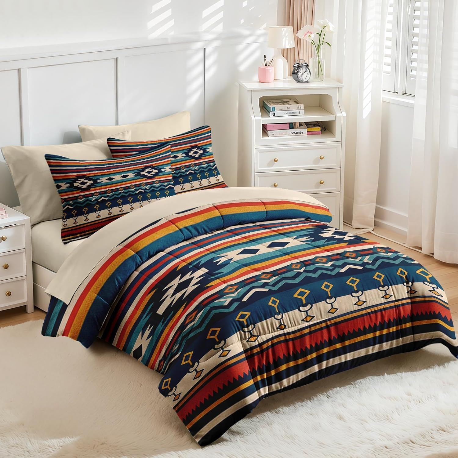 Nesker Comforter Set Queen Size, Southwest Aztec Geometric 7 Pcs Bedding for Kids and Adults, Bohemian Vintage Bed Sheet Sets with Fitted Sheet 2 Pillowcases & 2 Shams - Image 2