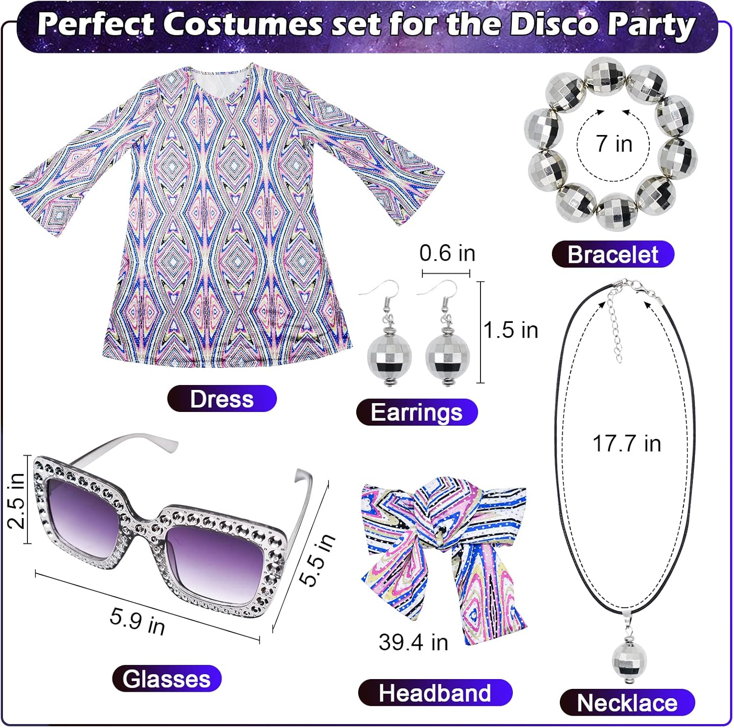 70s Women Disco Dress Hippie Costumes Necklace Earrings Glasses, 60's 70's Birthday Outfits, 1970s Prom Bling Dress - Image 5