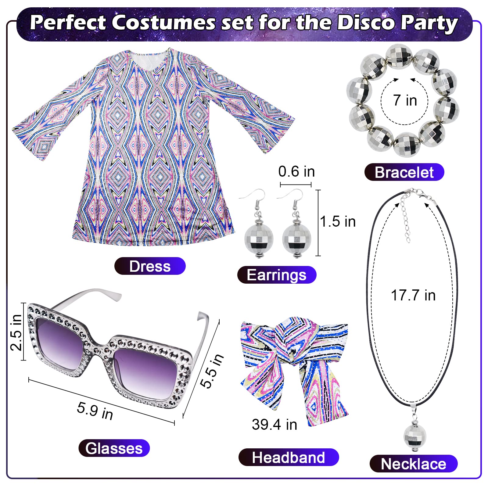 70s Women Disco Dress Hippie Costumes Necklace Earrings Glasses, 60's 70's Birthday Outfits, 1970s Prom Bling Dress