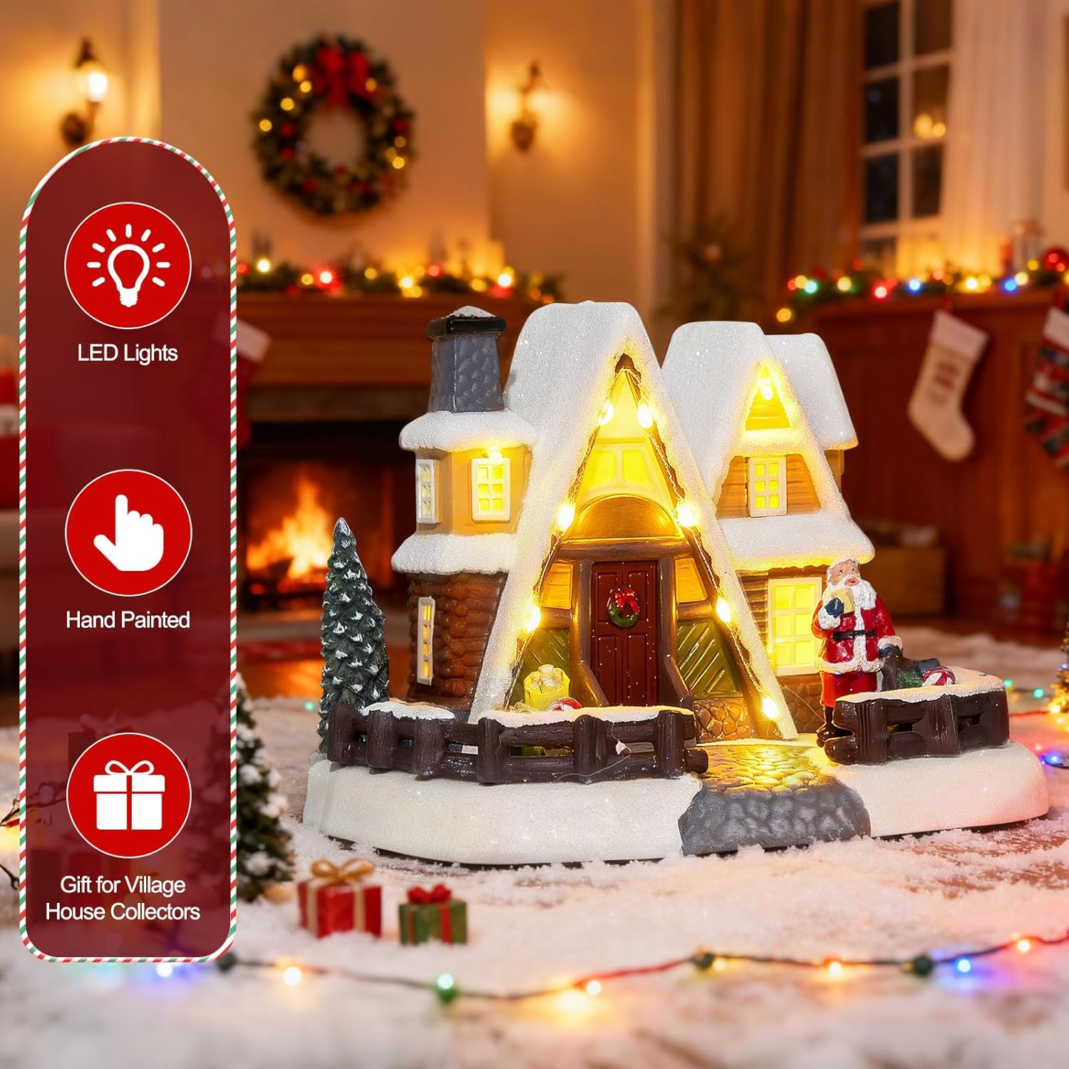 LED Lighted Village House, 6.9 Inch Triangular Christmas Village House Decoration with Santa Claus Statue, Xmas Collectible Buildings for Holiday Decor for Home, Ballroom Display and Desktop