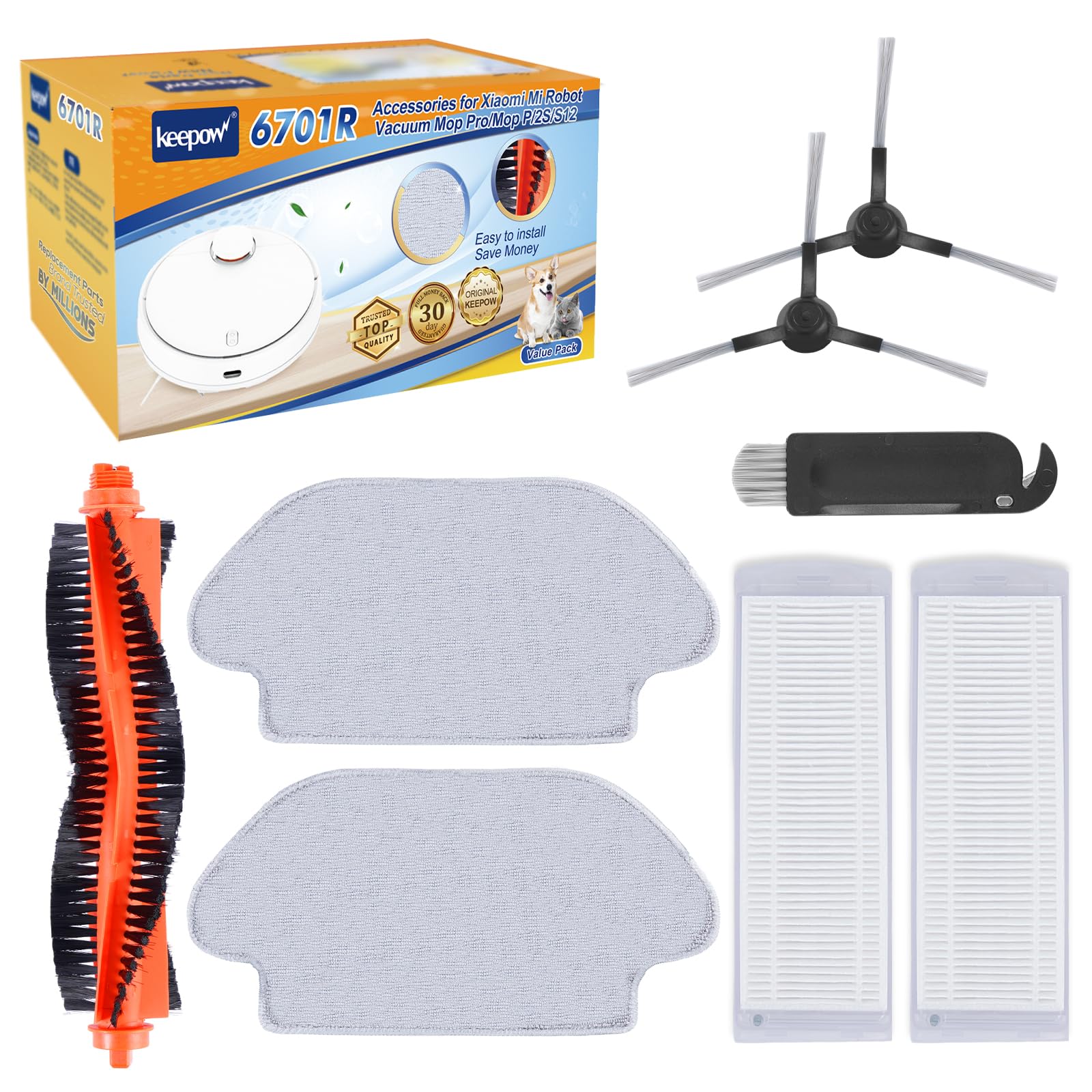 KEEPOW Kit Accesorios de Recambios para Xiaomi Robot Vacuum S12 / Xiaomi Robot Vacuum-Mop 2S Robots aspiradores, 1 Cepillo Principal, 2 Cepillos Laterales, 2 Filtros HEPA, 2 Paños de Limpieza