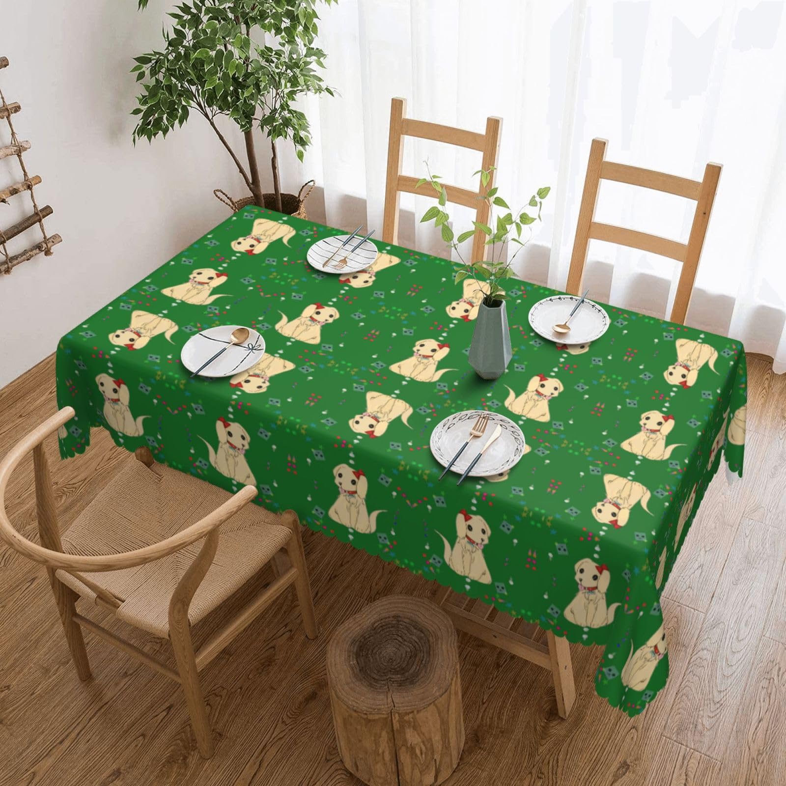 QAZWZML Cartoon dog on grass Printed tablecloth, made of thick polyester with lace trim, suitable for dining rooms, picnics, and weddings