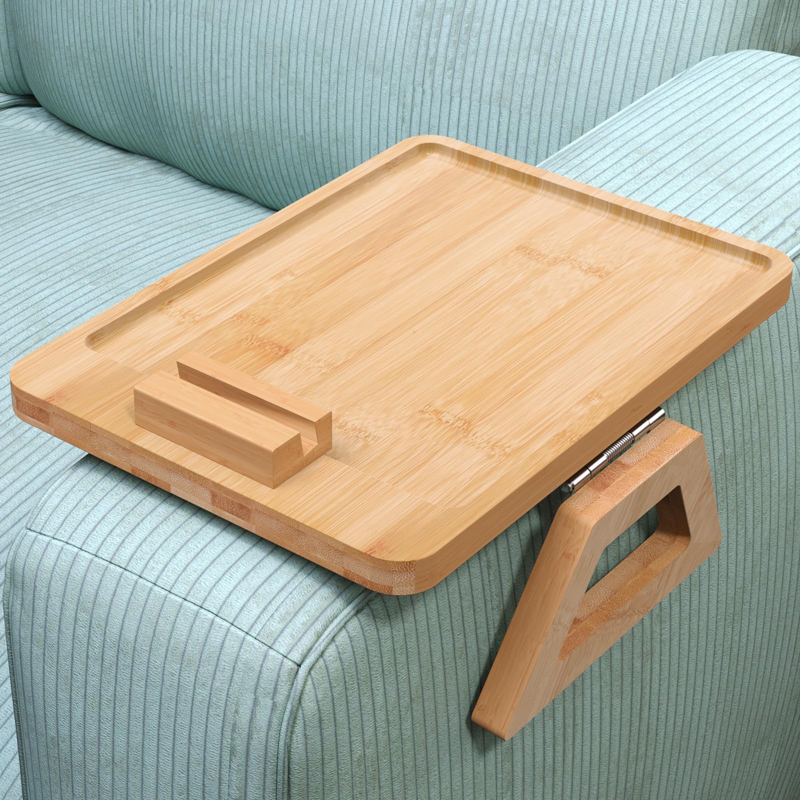 Couch Arm Tray with 360°Phone,Bamboo Folding Sofa Tray,Sofa Armrest Tray Clip-On Sofas Desk for Drinks,Snacks,Phone,Remote Control（Natural）