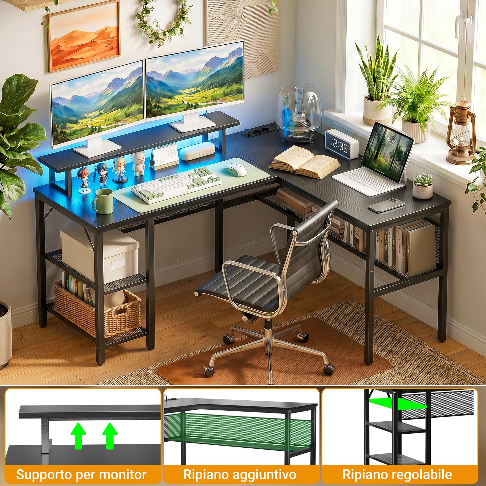 Homieasy Scrivania Angolare Gaming 141x118cm Reversibile LED e Prese | Supporto per Monitor, Ripiani a Griglia in Metallo, Trasformabile in 210 cm